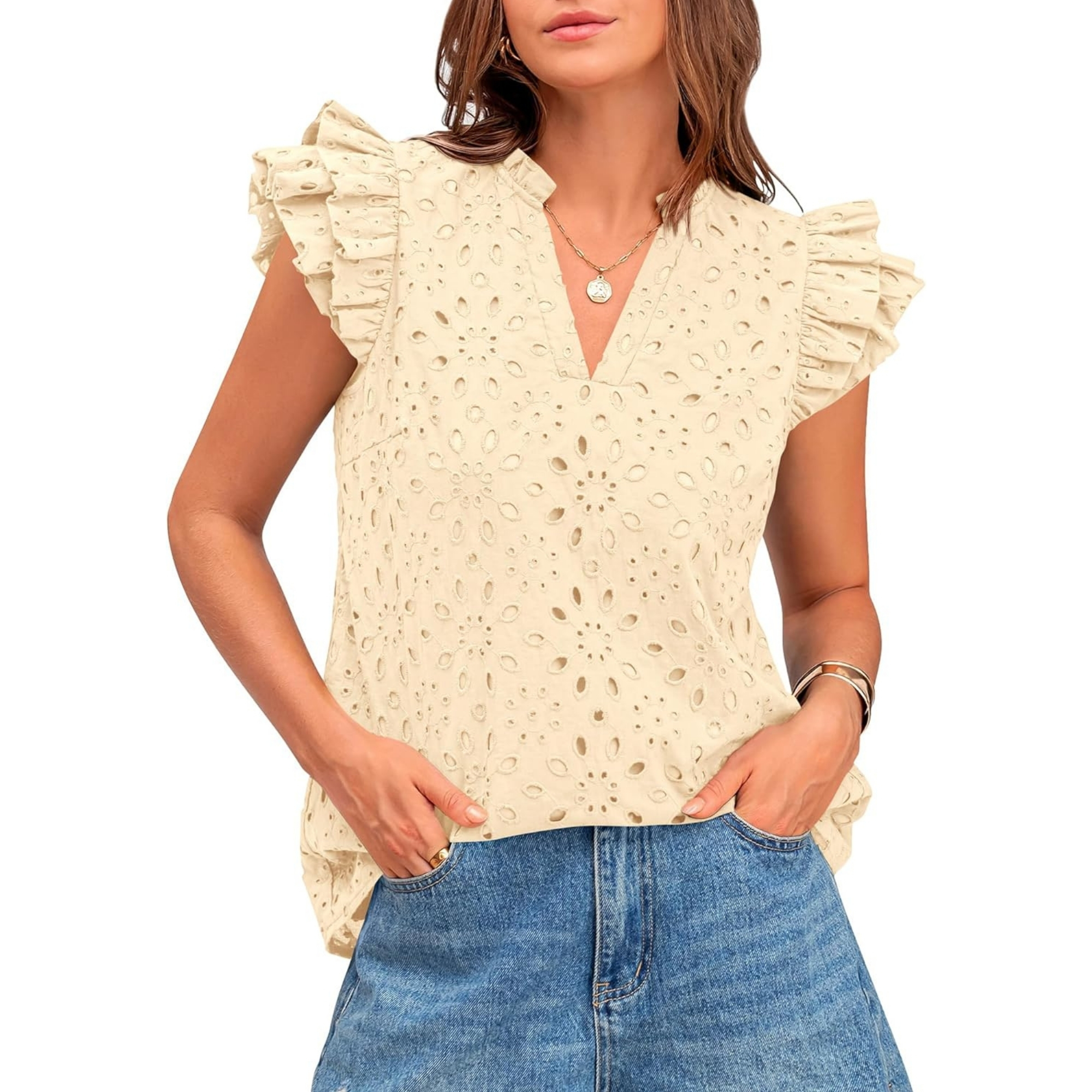 Embroidered Eyelet Tops Ruffle Sleeve Everyday Casual Style