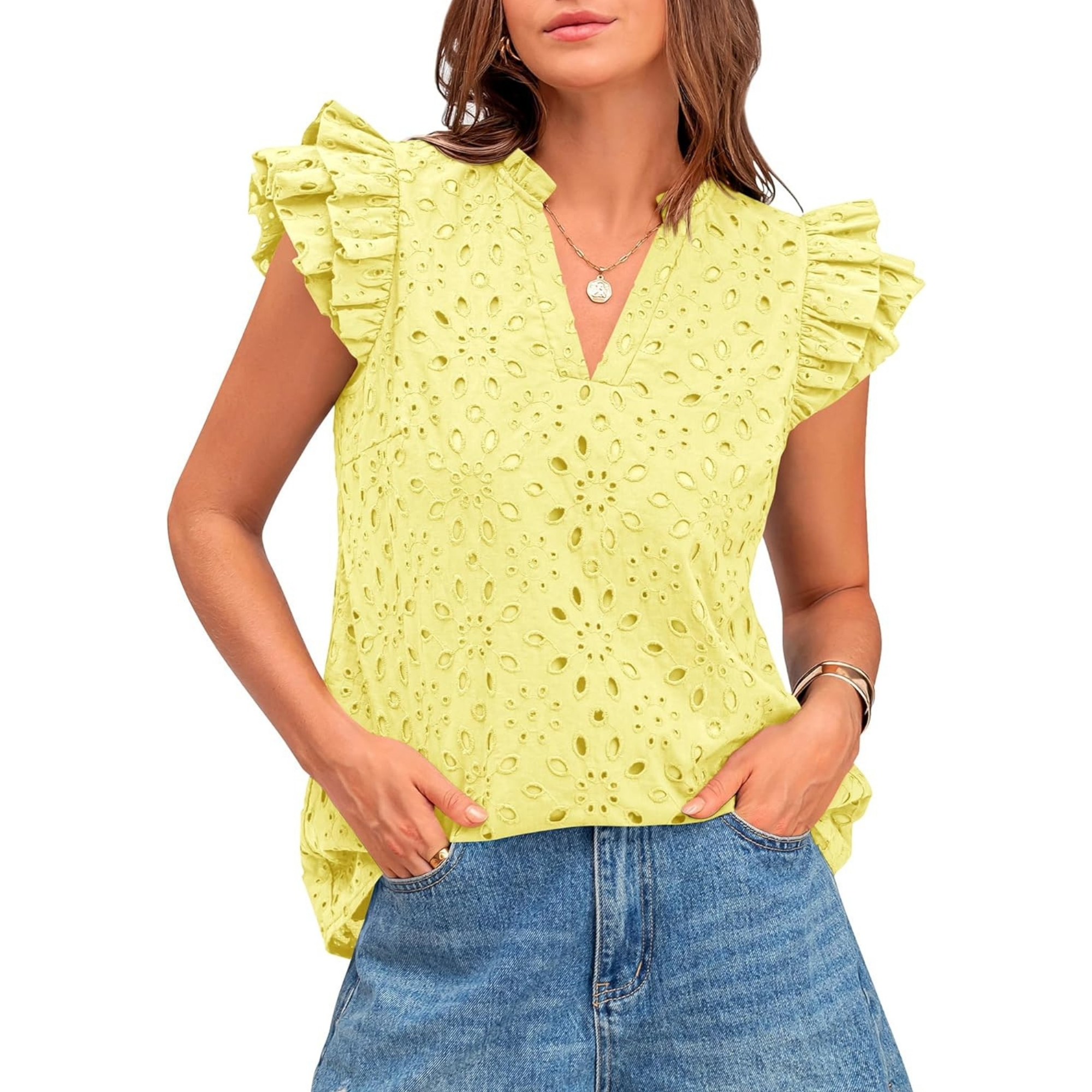 Embroidered Eyelet Tops Ruffle Sleeve Everyday Casual Style