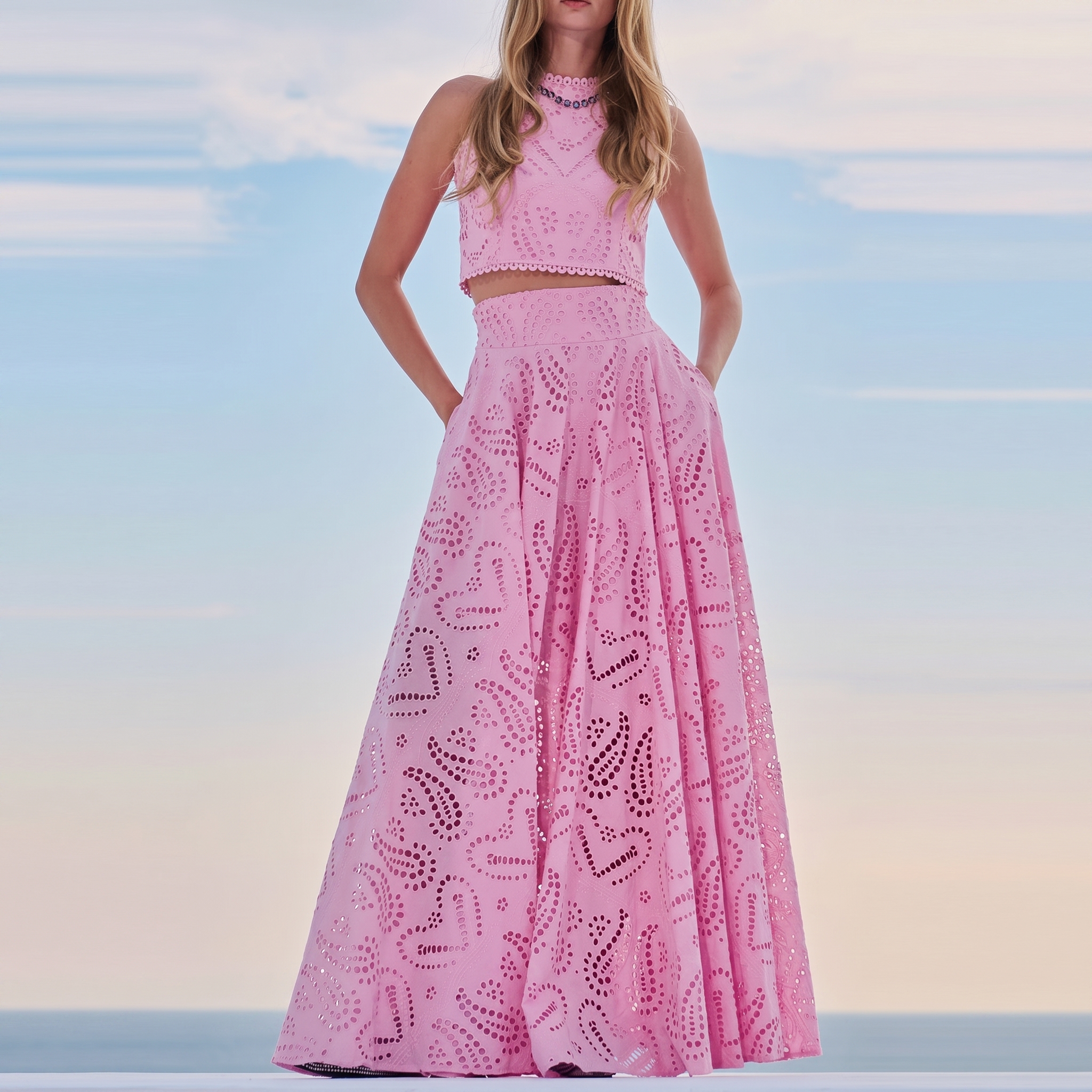 Embroidered Sleeveless Matching Top And Long Skirt Two Piece Set For Women