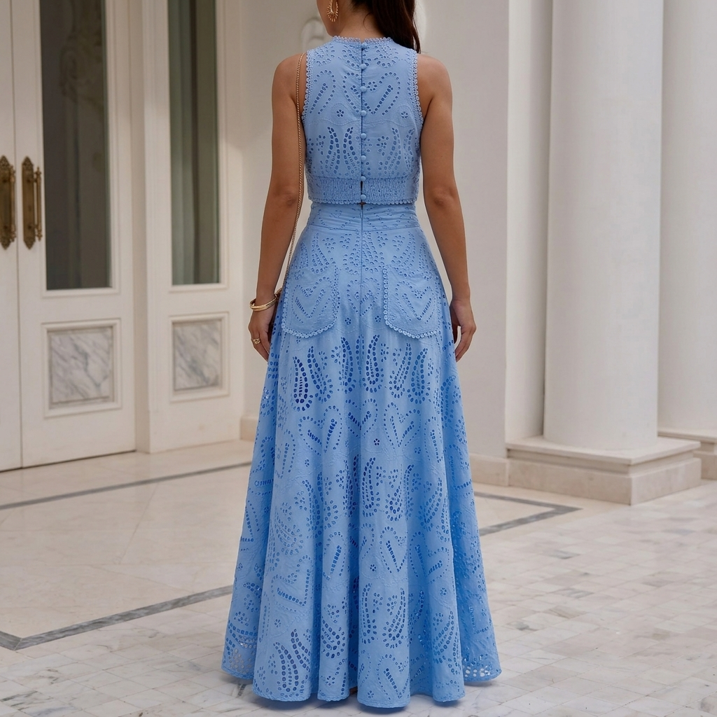 Embroidered Sleeveless Matching Top And Long Skirt Two Piece Set For Women