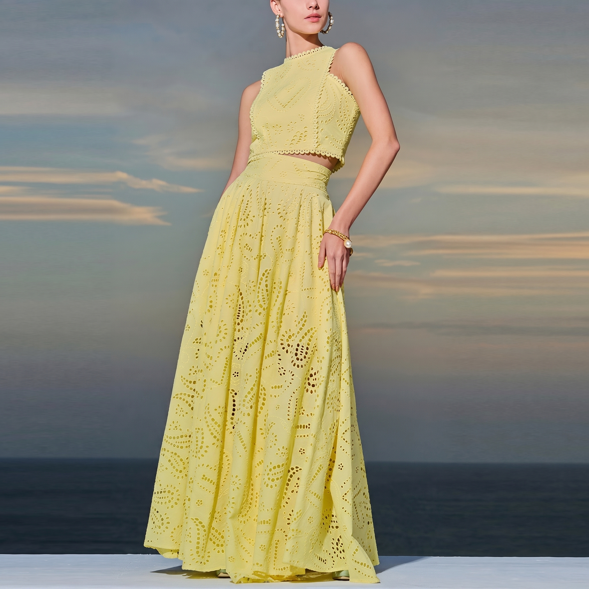 Embroidered Sleeveless Matching Top And Long Skirt Two Piece Set For Women