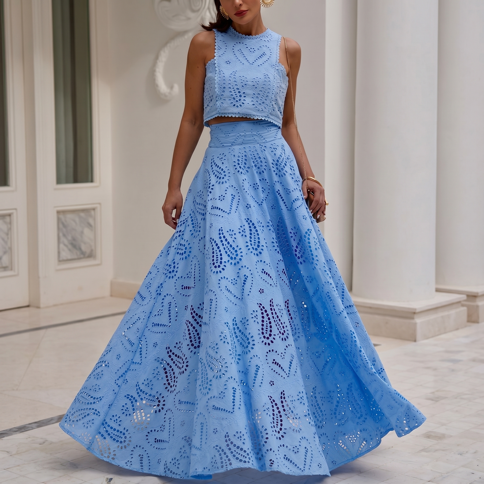 Embroidered Sleeveless Matching Top And Long Skirt Two Piece Set For Women