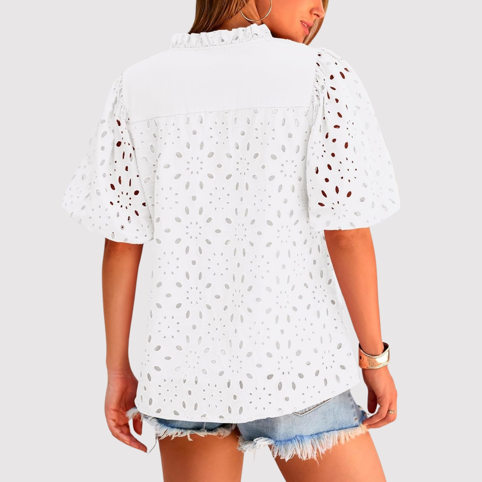Eyelet Embroidery Sleeve Button Front Style Puff Top 