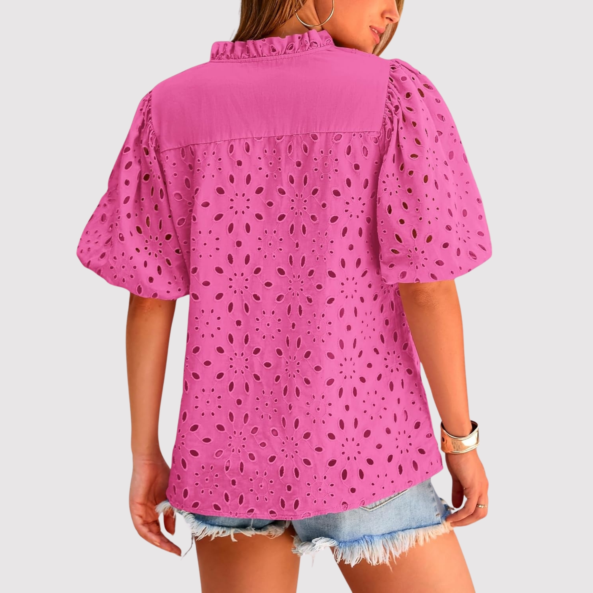 Eyelet Embroidery Sleeve Button Front Style Puff Top 