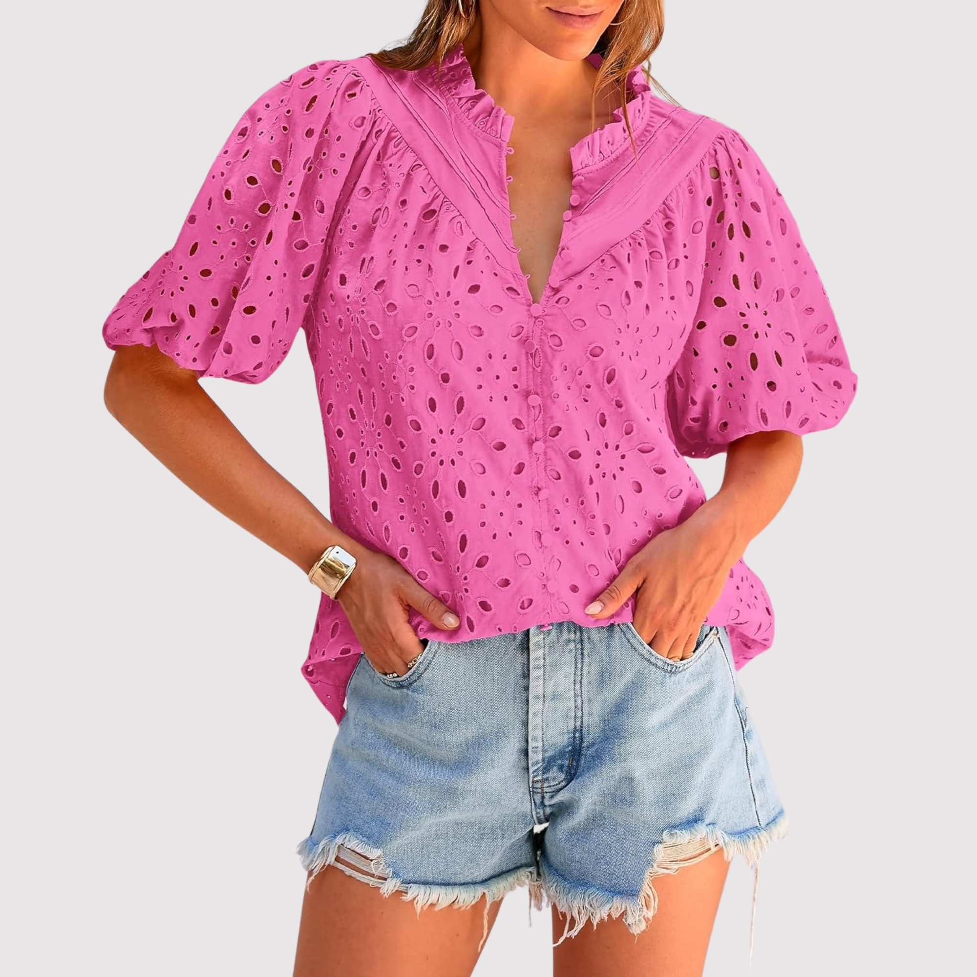Eyelet Embroidery Sleeve Button Front Style Puff Top 