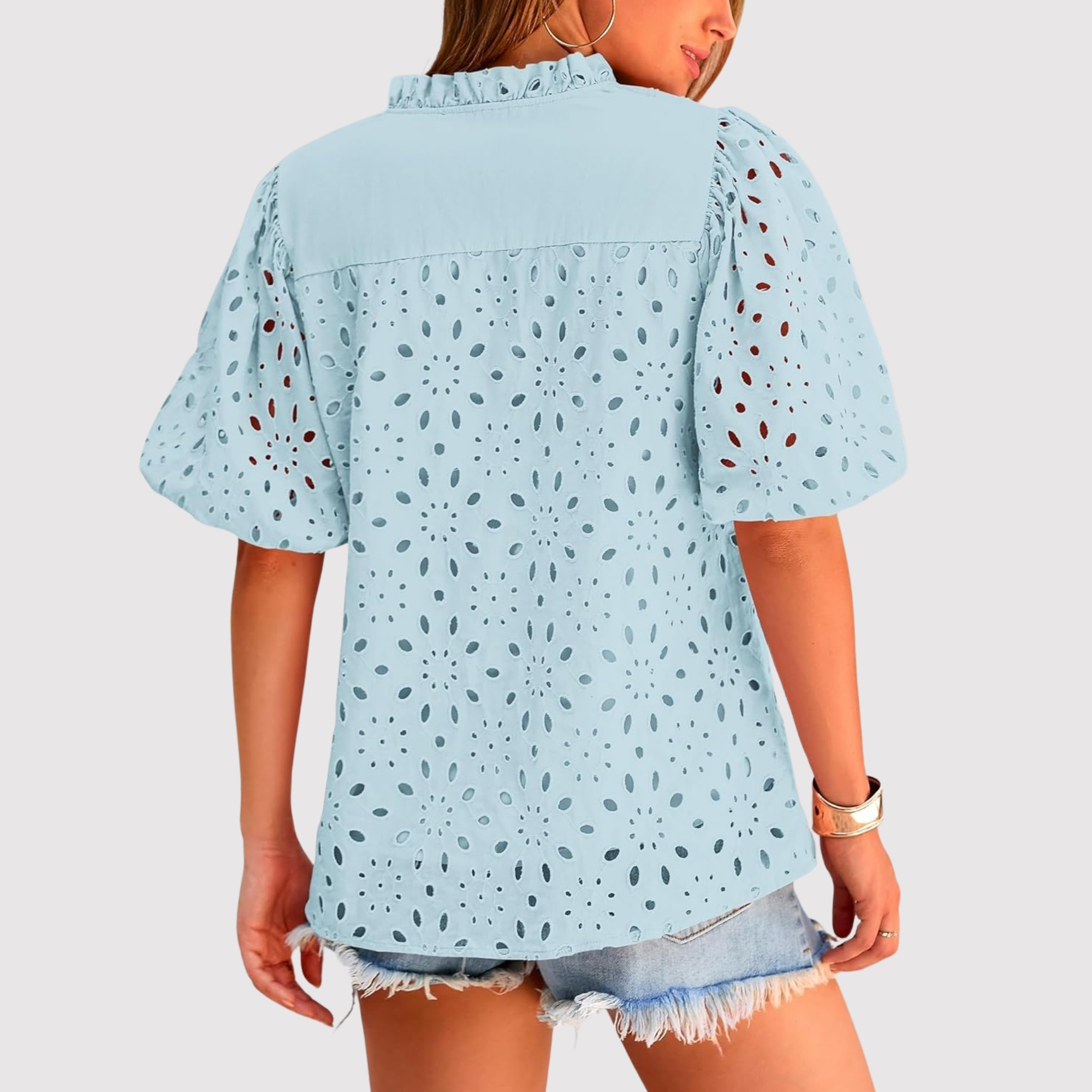 Eyelet Embroidery Sleeve Button Front Style Puff Top 