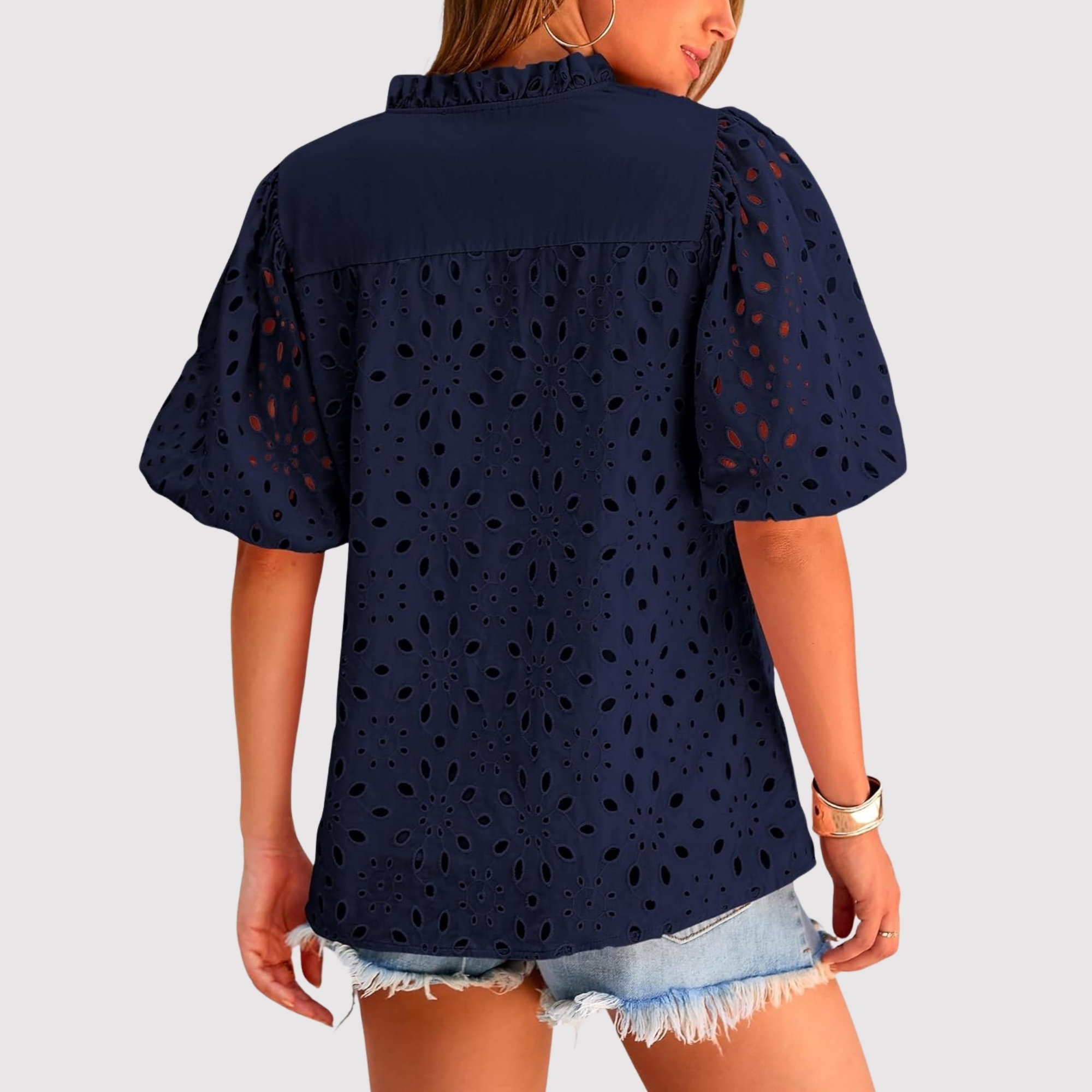 Eyelet Embroidery Sleeve Button Front Style Puff Top 