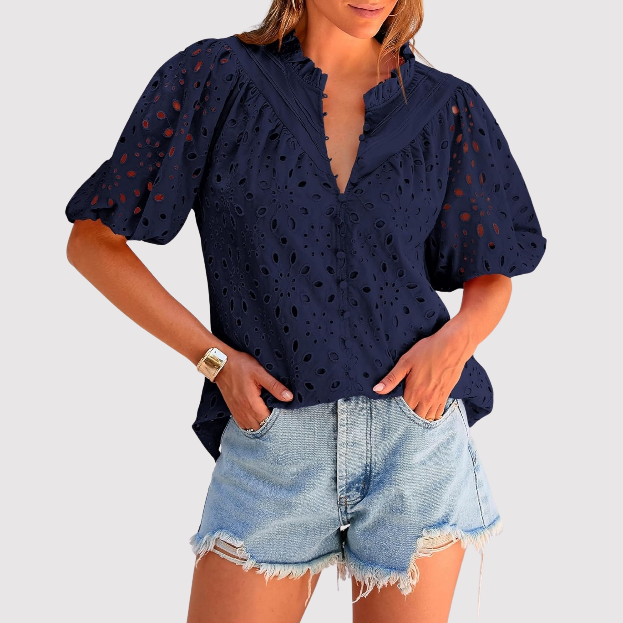 Eyelet Embroidery Sleeve Button Front Style Puff Top 