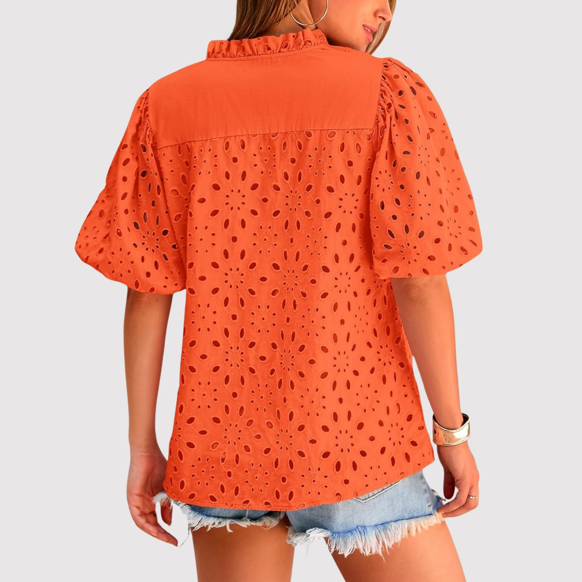 Eyelet Embroidery Sleeve Button Front Style Puff Top 