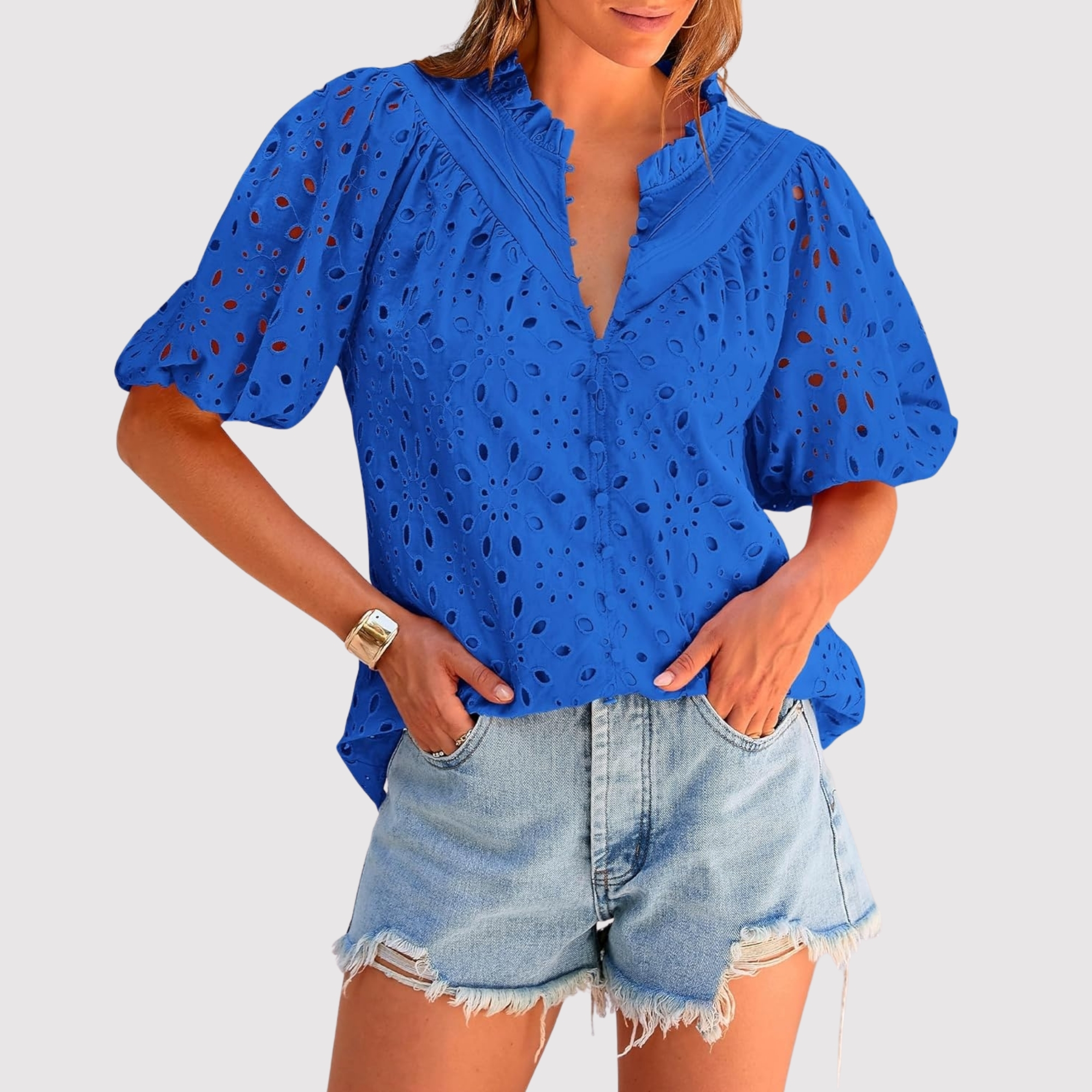 Eyelet Embroidery Sleeve Button Front Style Puff Top 