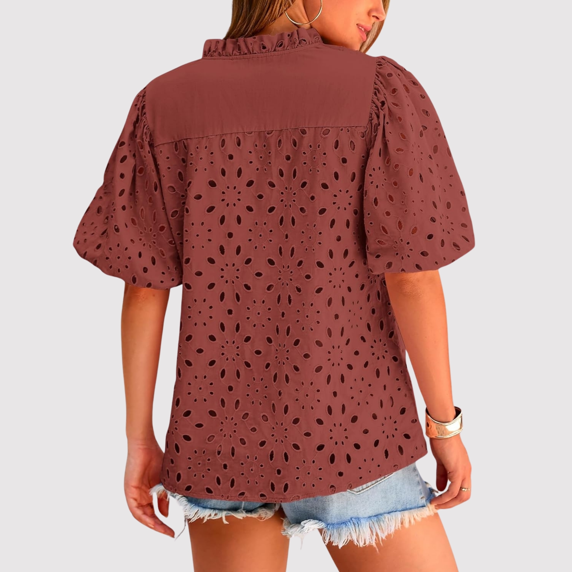 Eyelet Embroidery Sleeve Button Front Style Puff Top 