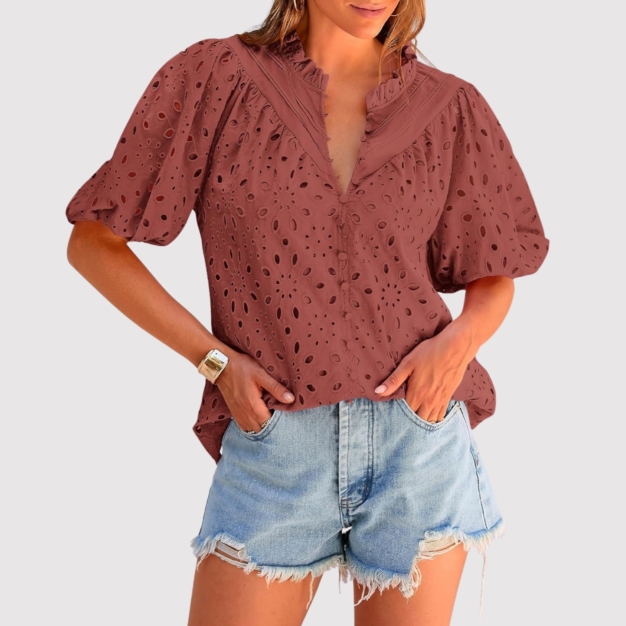 Eyelet Embroidery Sleeve Button Front Style Puff Top 