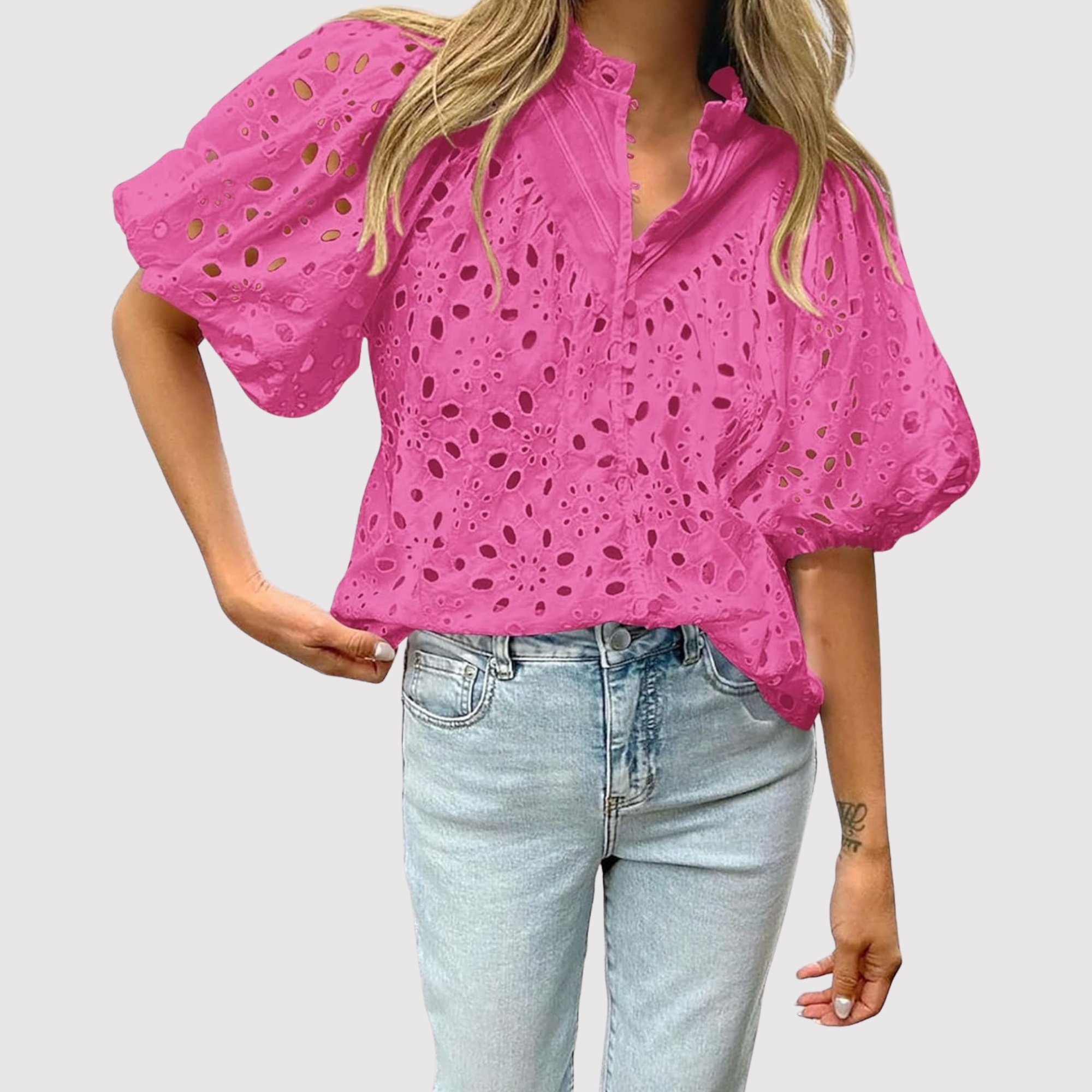 Eyelet Embroidery Sleeve Button Front Style Puff Top 