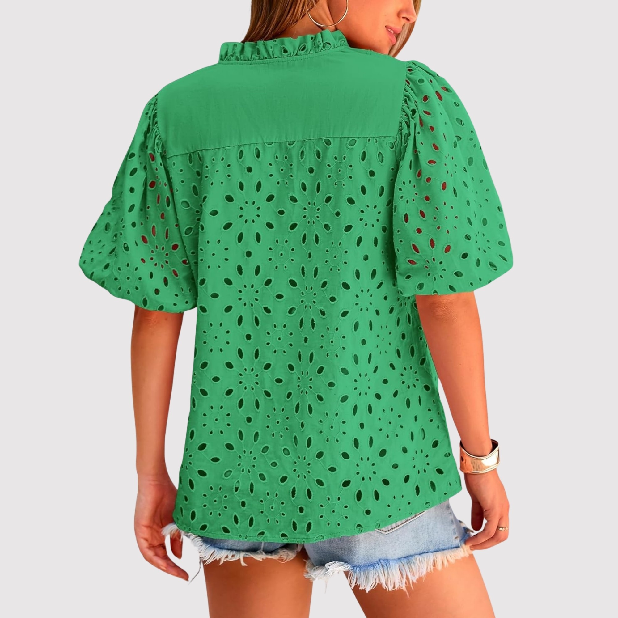 Eyelet Embroidery Sleeve Button Front Style Puff Top 