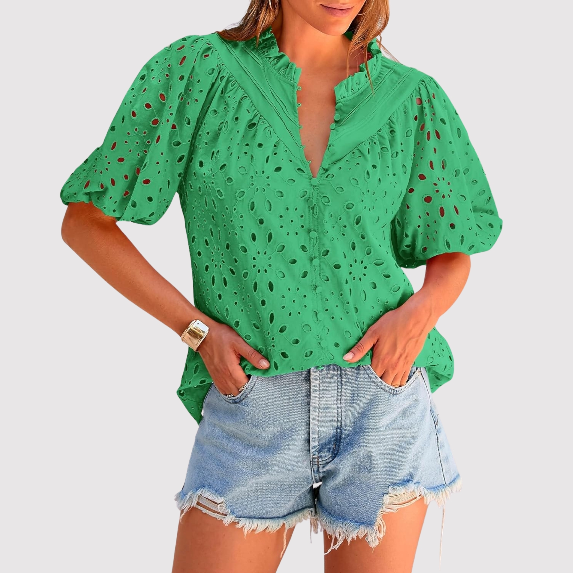 Eyelet Embroidery Sleeve Button Front Style Puff Top 