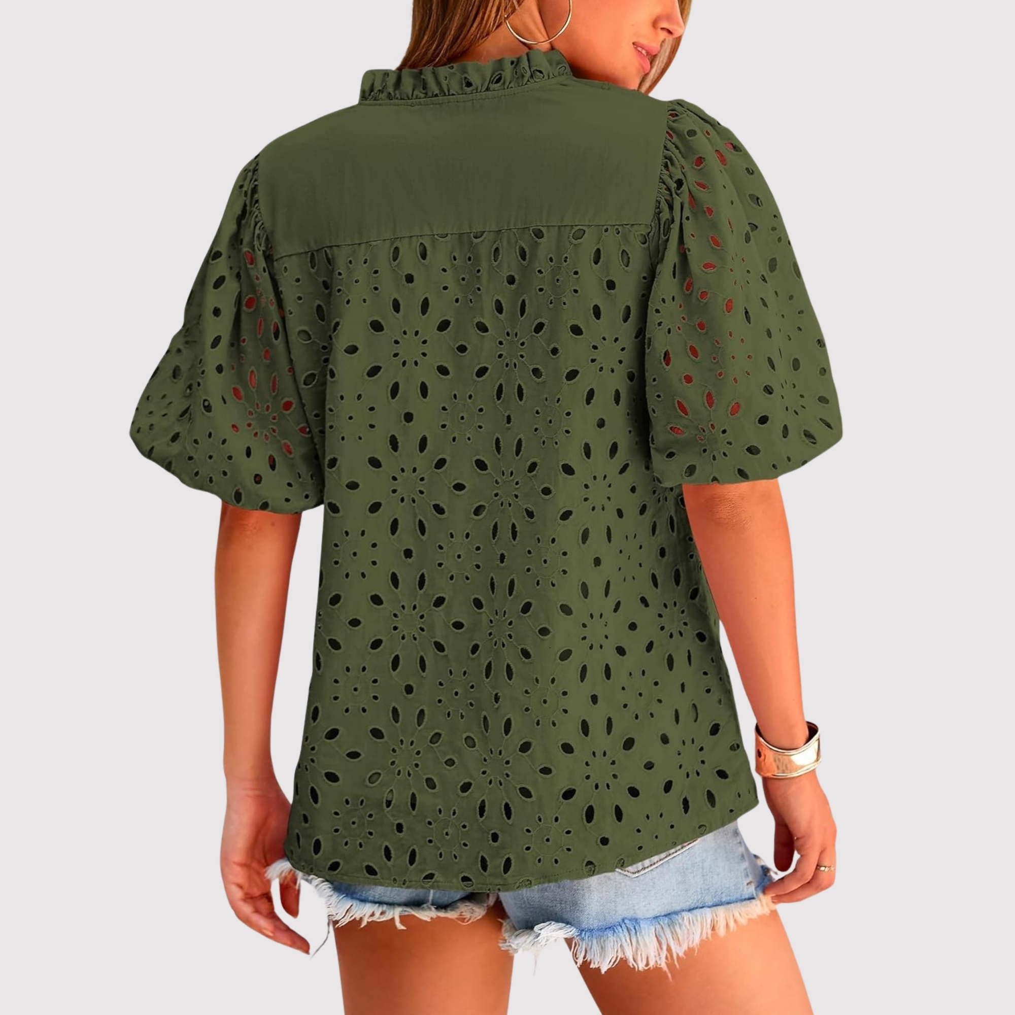 Eyelet Embroidery Sleeve Button Front Style Puff Top 