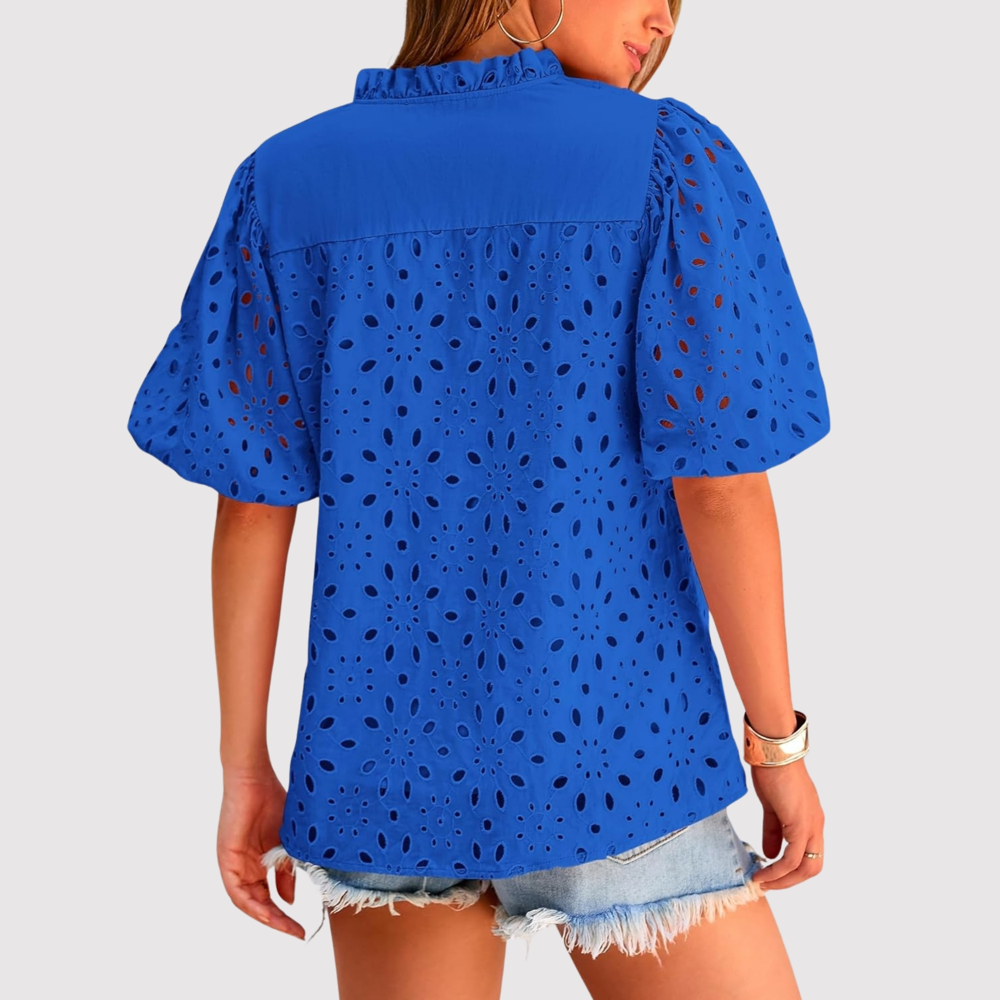 Eyelet Embroidery Sleeve Button Front Style Puff Top 