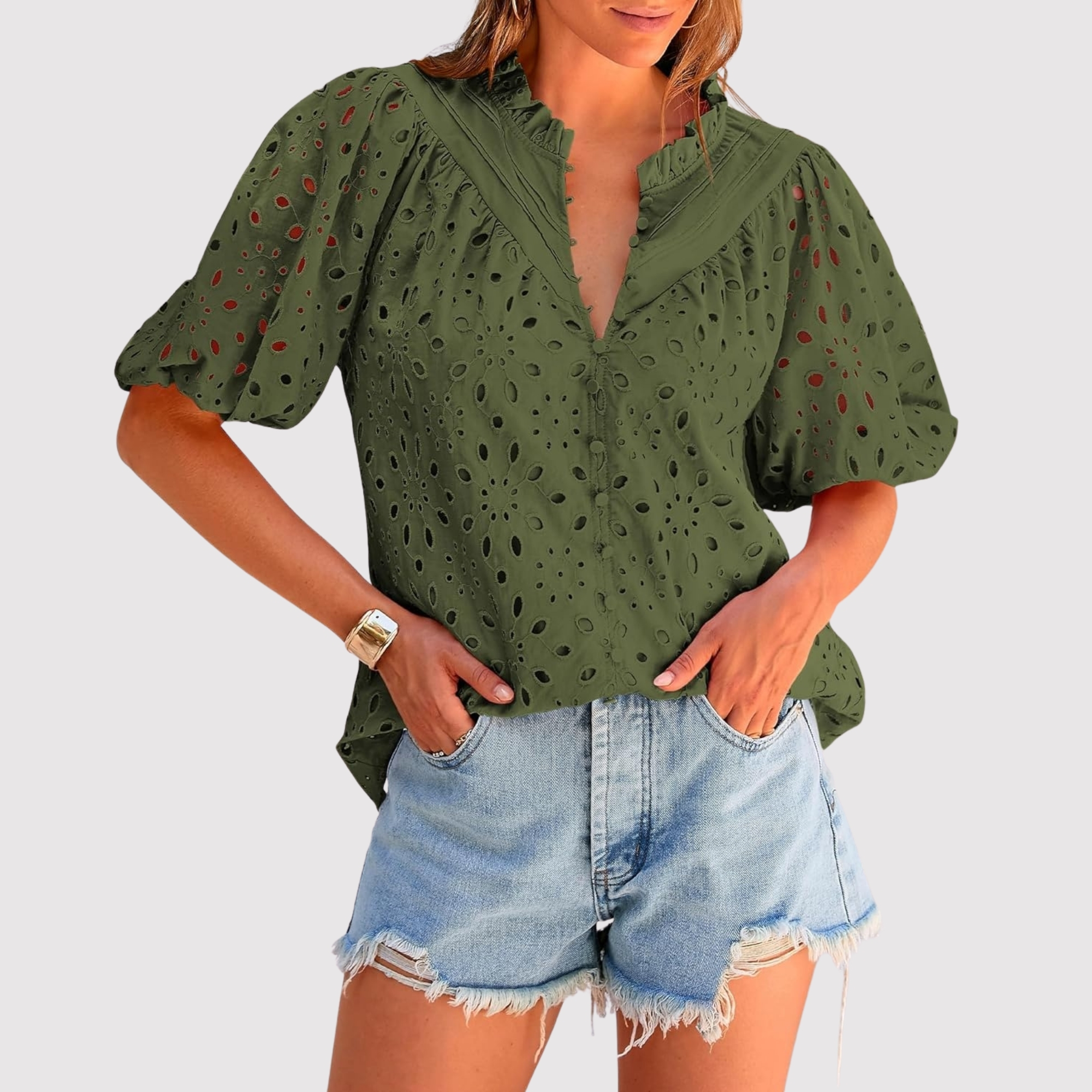 Eyelet Embroidery Sleeve Button Front Style Puff Top 