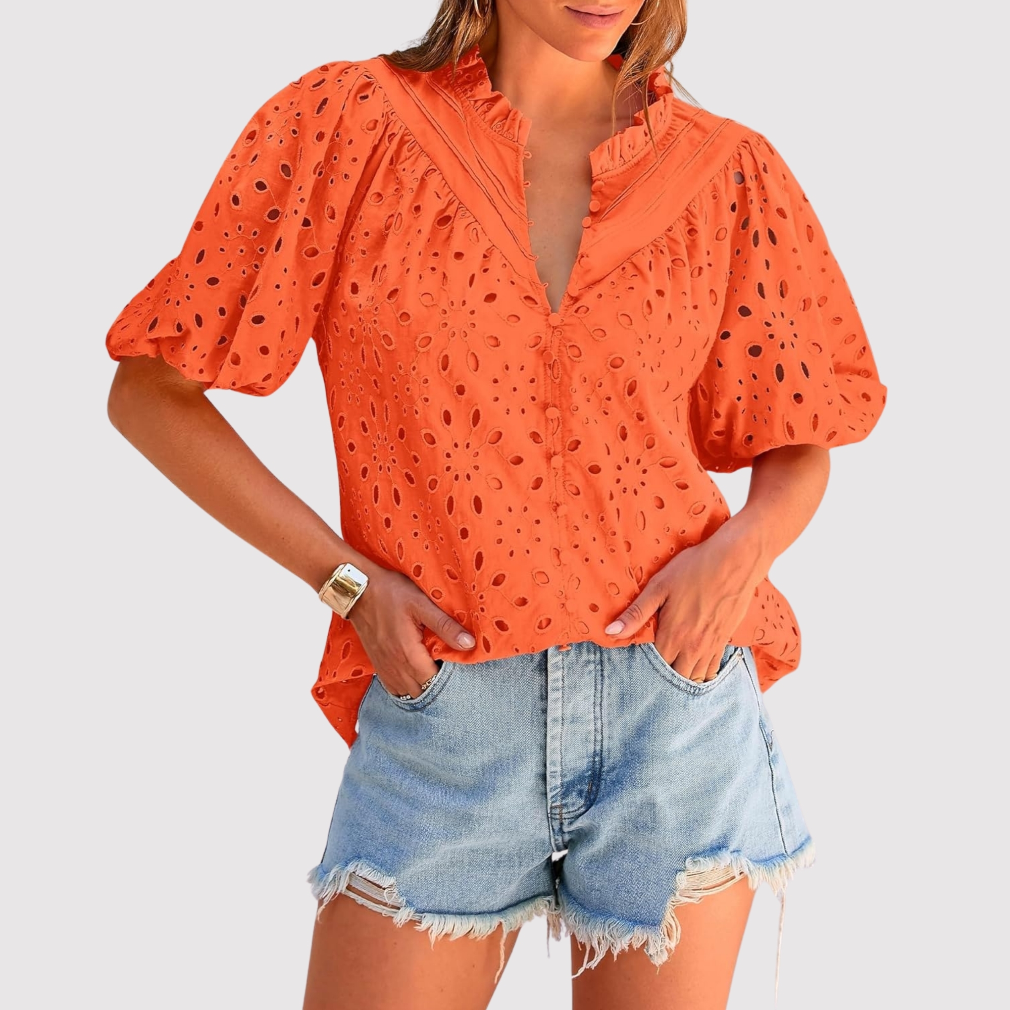 Eyelet Embroidery Sleeve Button Front Style Puff Top 