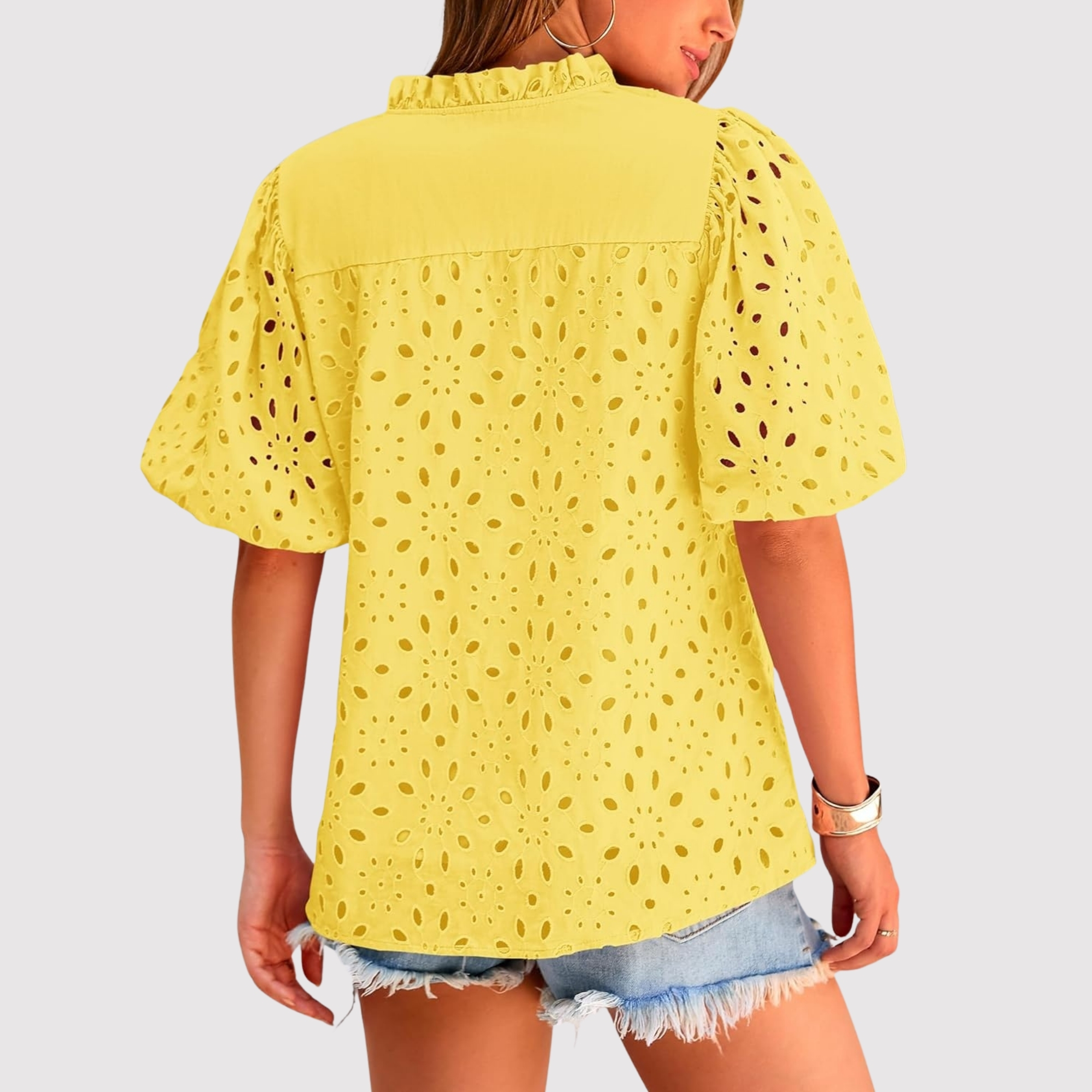 Eyelet Embroidery Sleeve Button Front Style Puff Top 