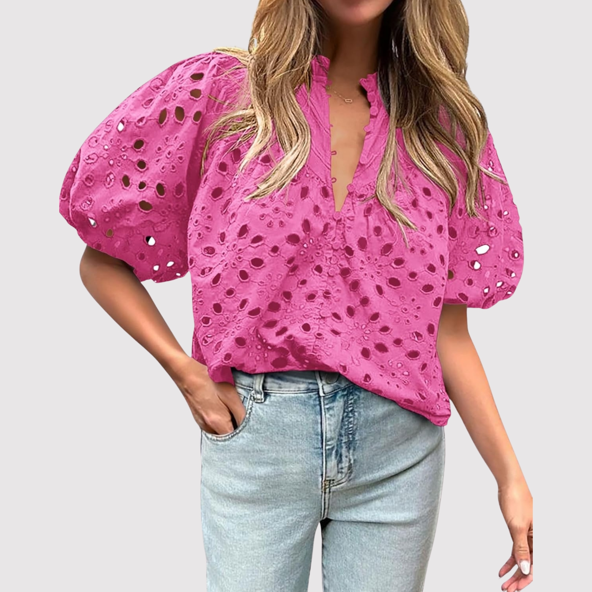 Eyelet Embroidery Sleeve Button Front Style Puff Top 