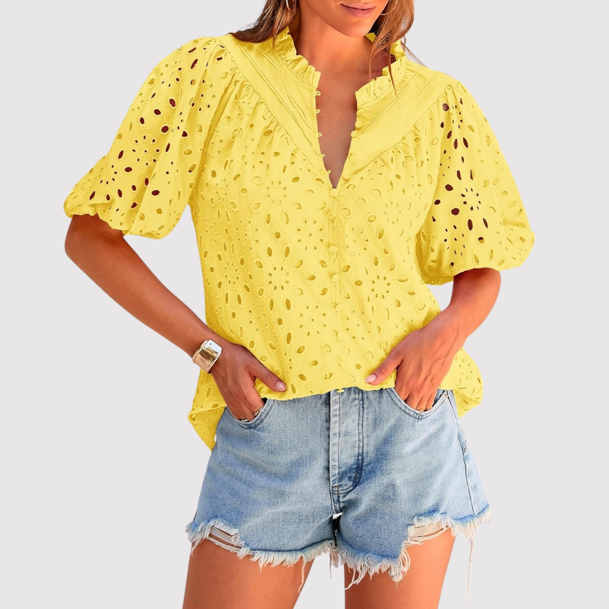 Eyelet Embroidery Sleeve Button Front Style Puff Top 
