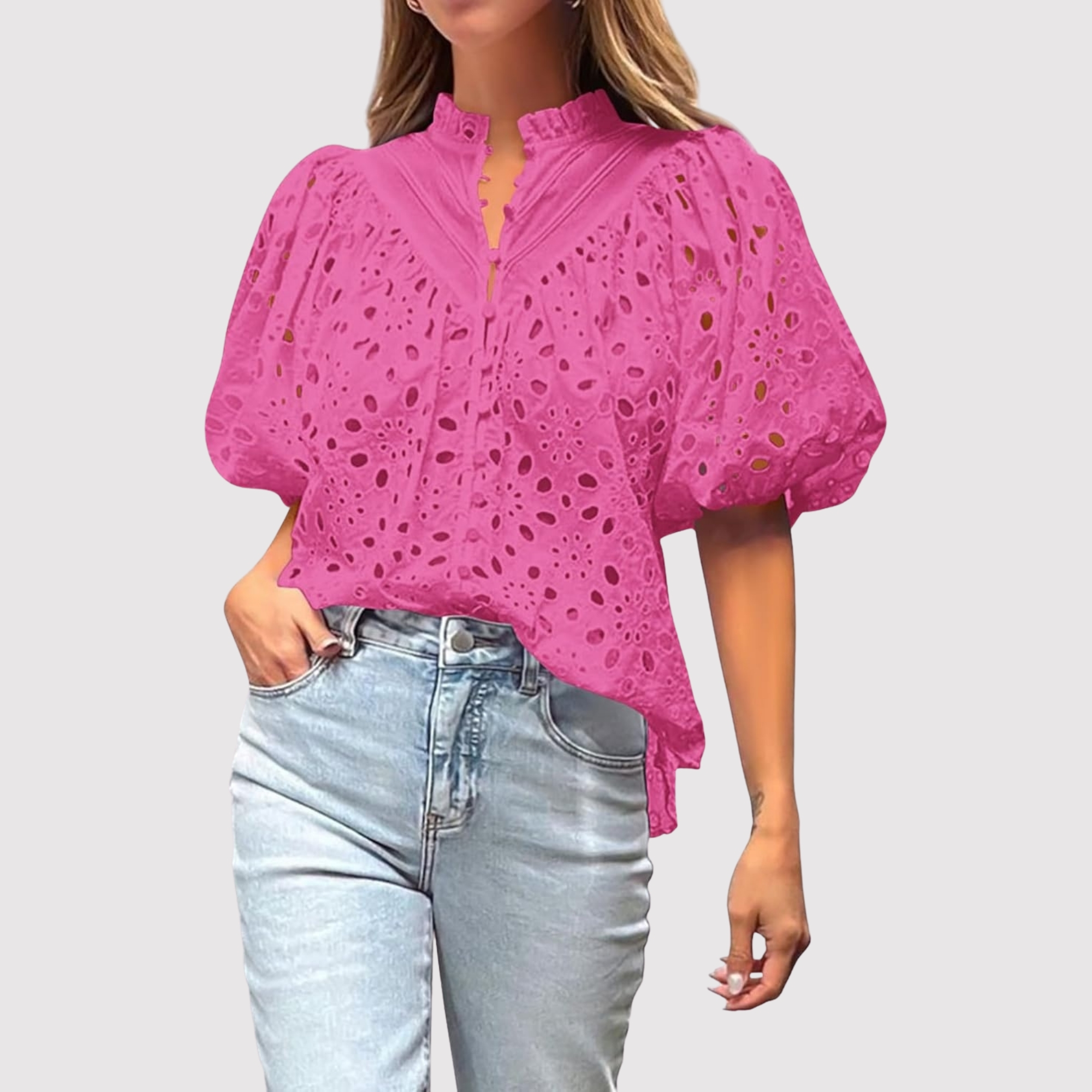 Eyelet Embroidery Sleeve Button Front Style Puff Top 