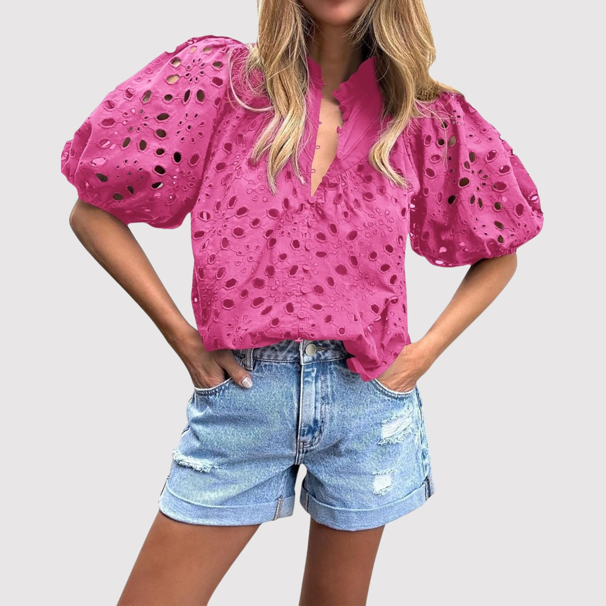 Eyelet Embroidery Sleeve Button Front Style Puff Top 