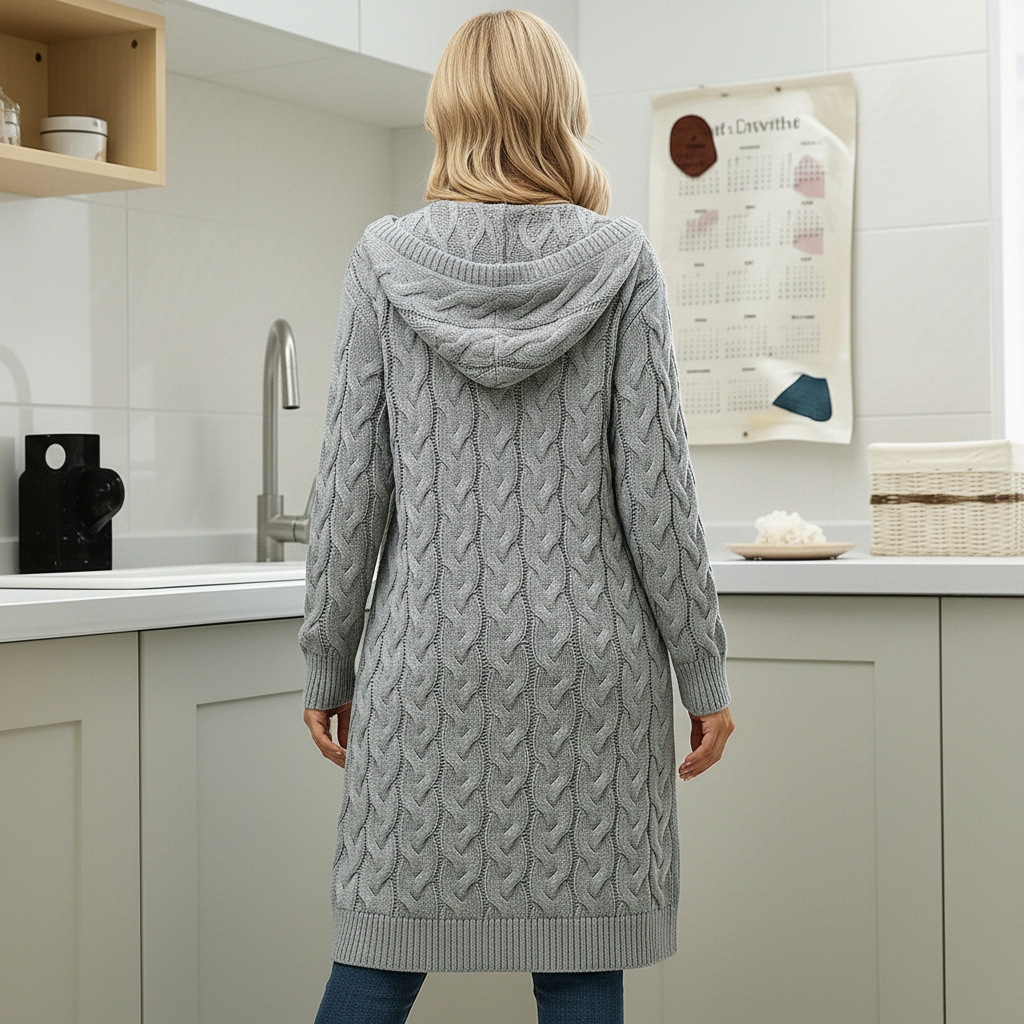 Long Knit Cardigan With Open Front And Pocket Design For Women