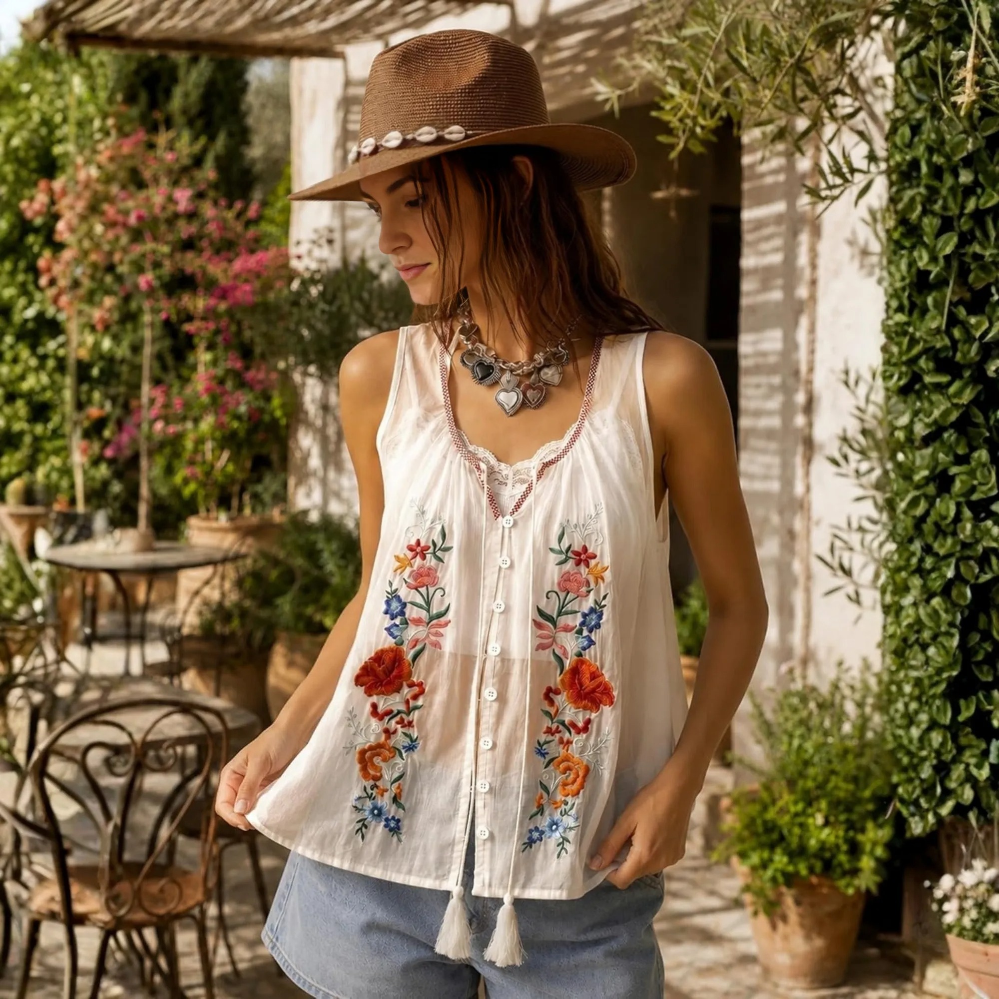 Floral Embroidered Button Front Style Sleeveless Top 