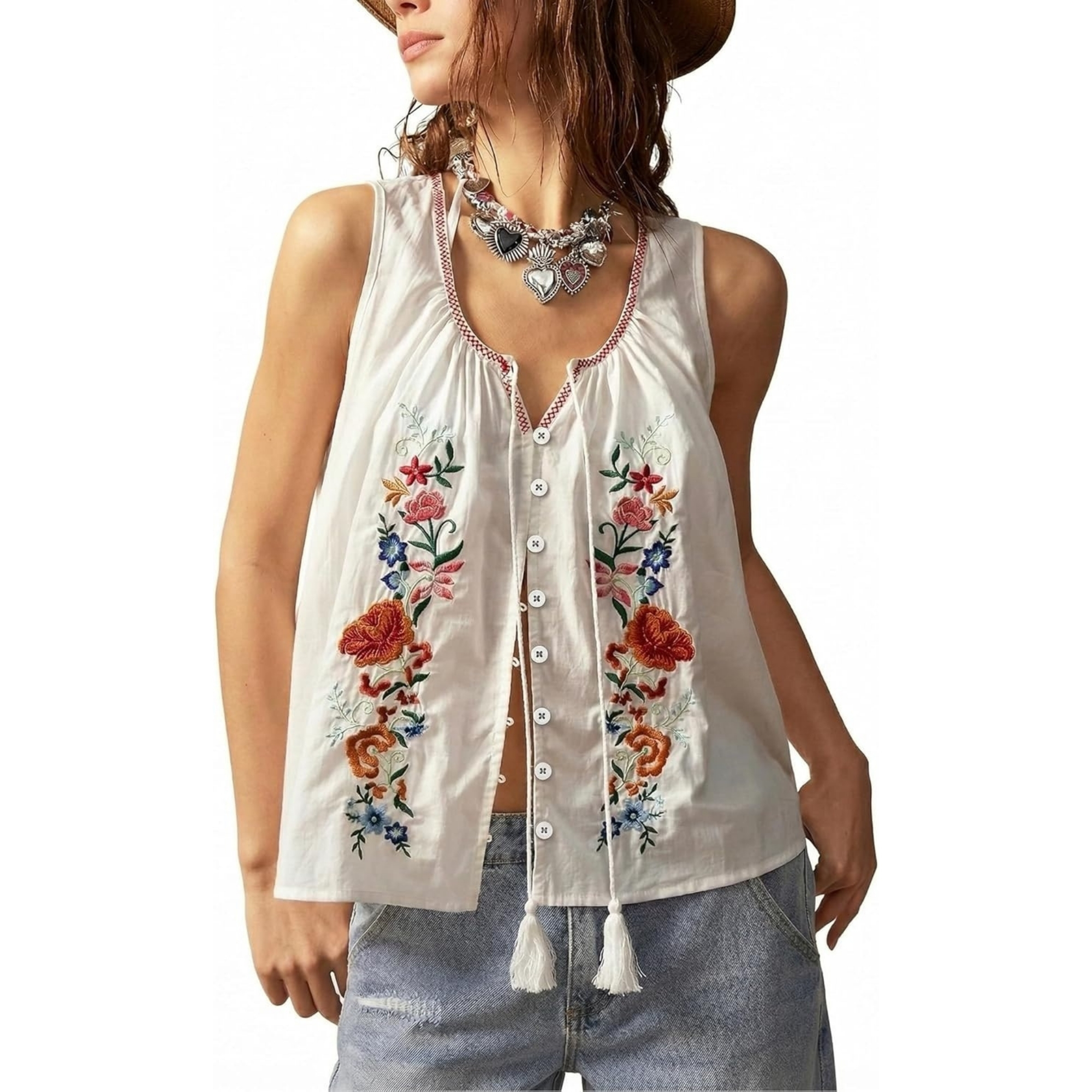 Floral Embroidered Button Front Style Sleeveless Top 