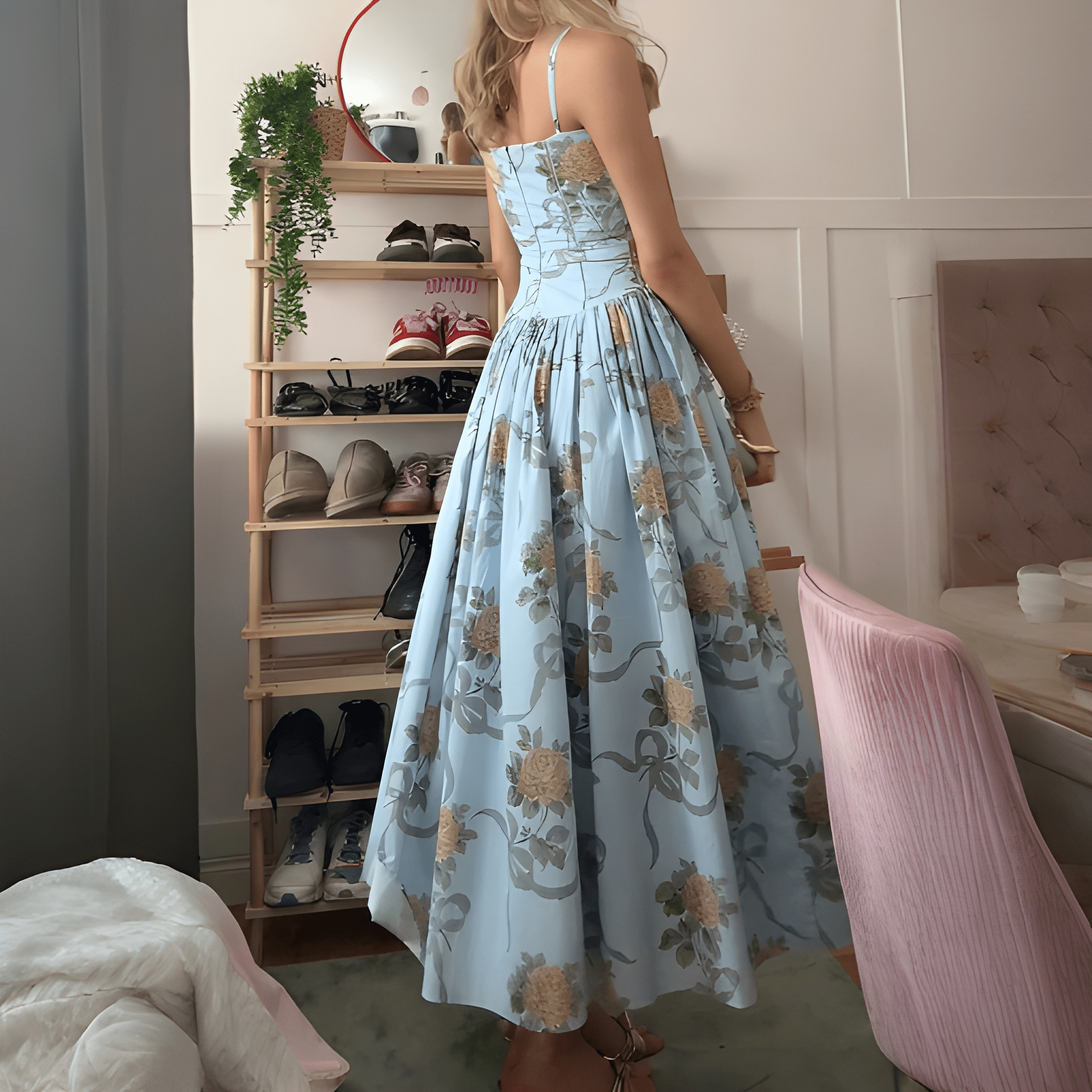 Floral Print Midi Sundress With Spaghetti Straps For Women Summer Wear
