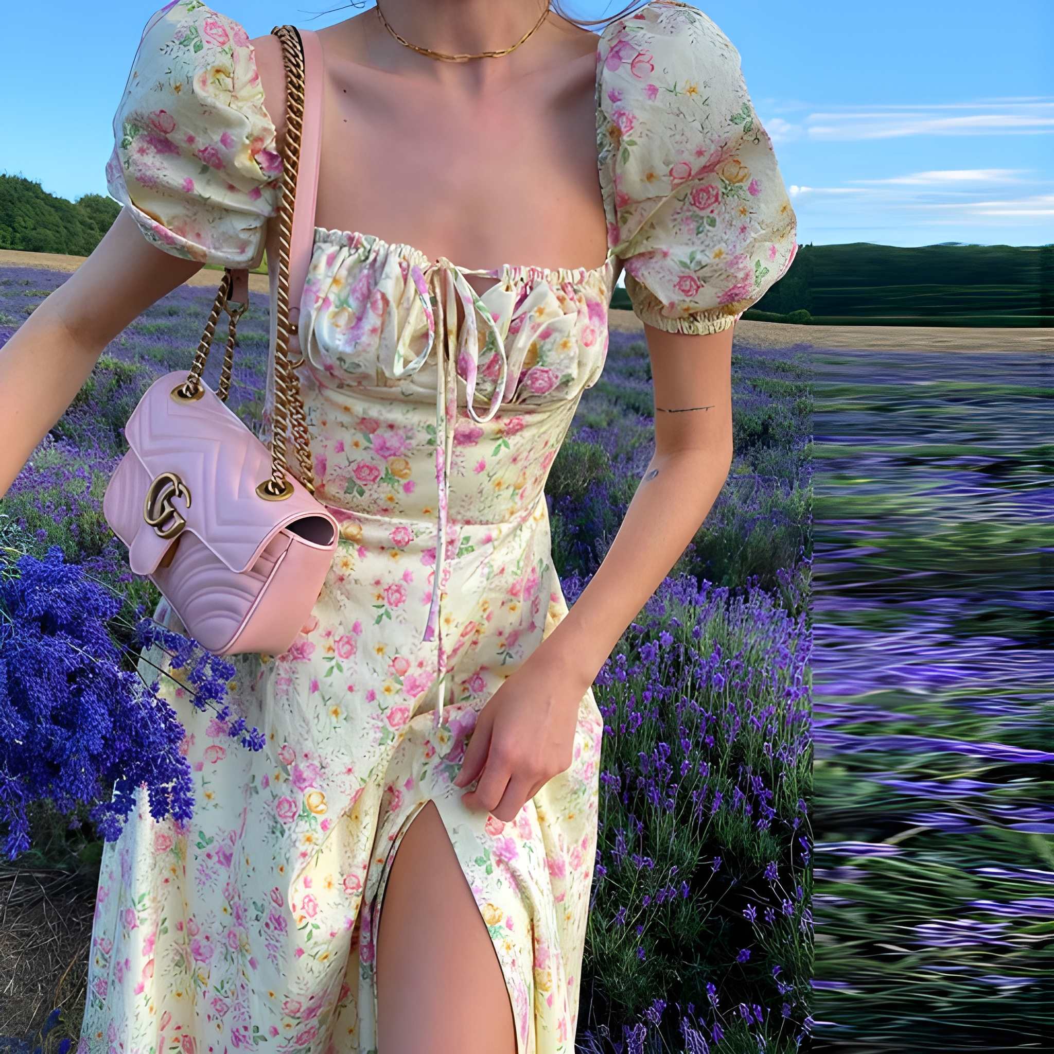 Floral Print Puff Sleeve Split Dress For Women