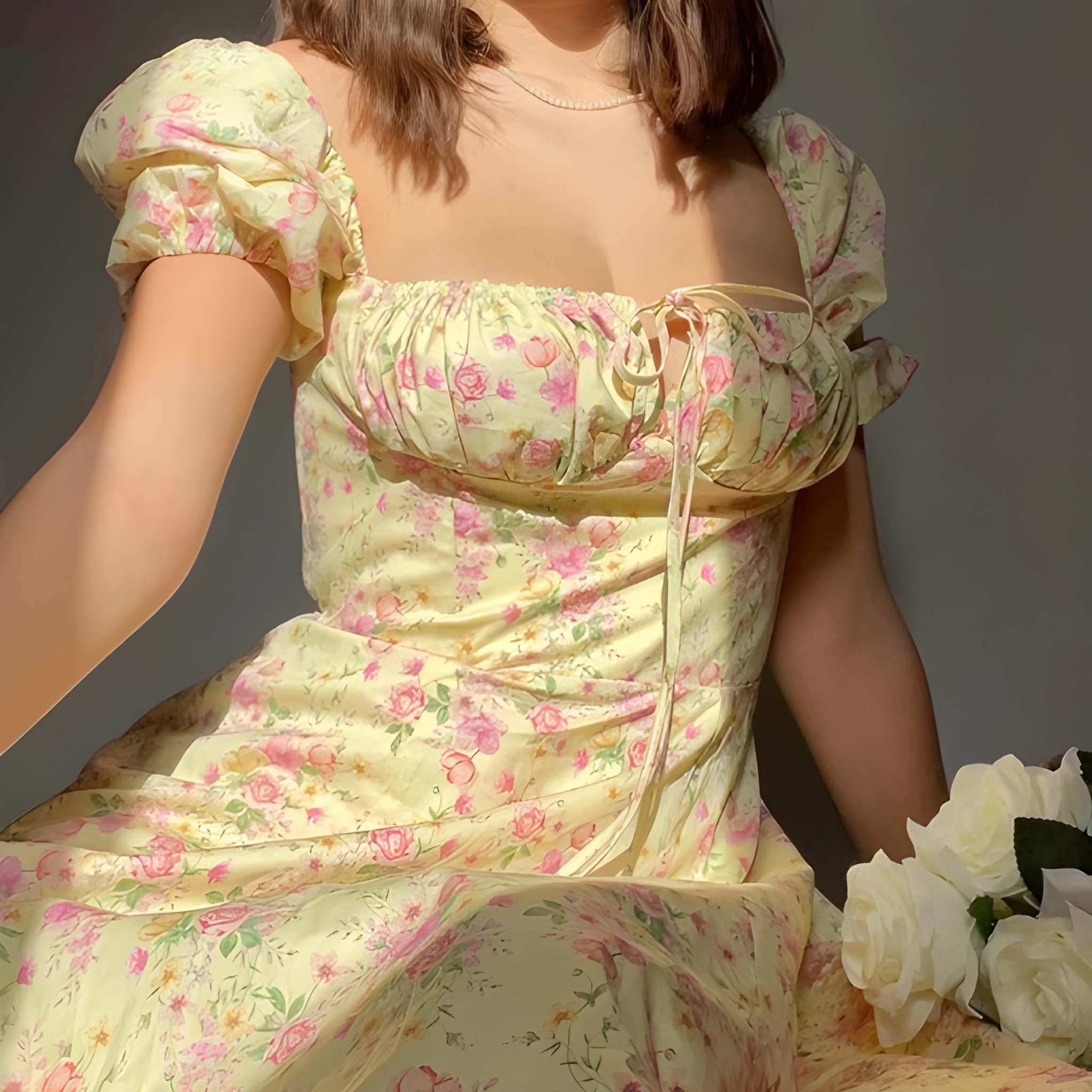 Floral Print Puff Sleeve Split Dress For Women