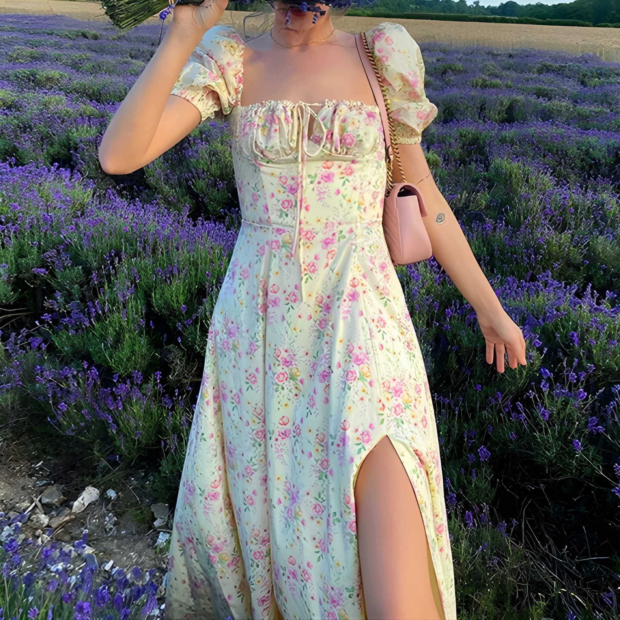 Floral Print Puff Sleeve Split Dress For Women