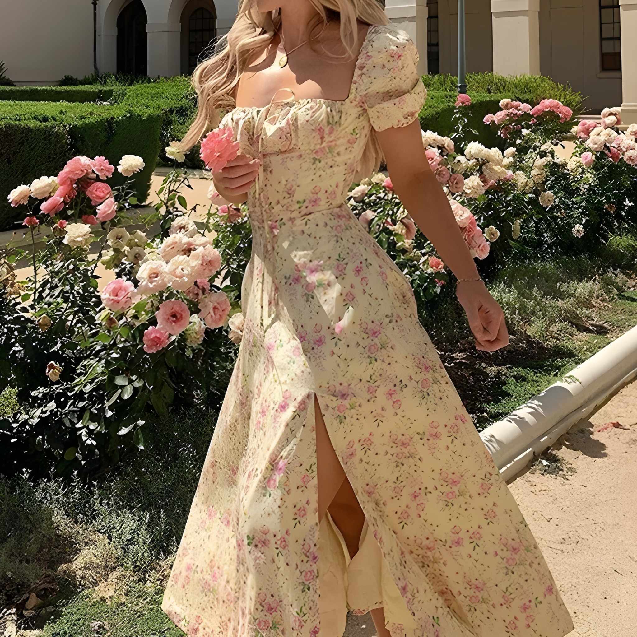 Floral Print Puff Sleeve Split Dress For Women