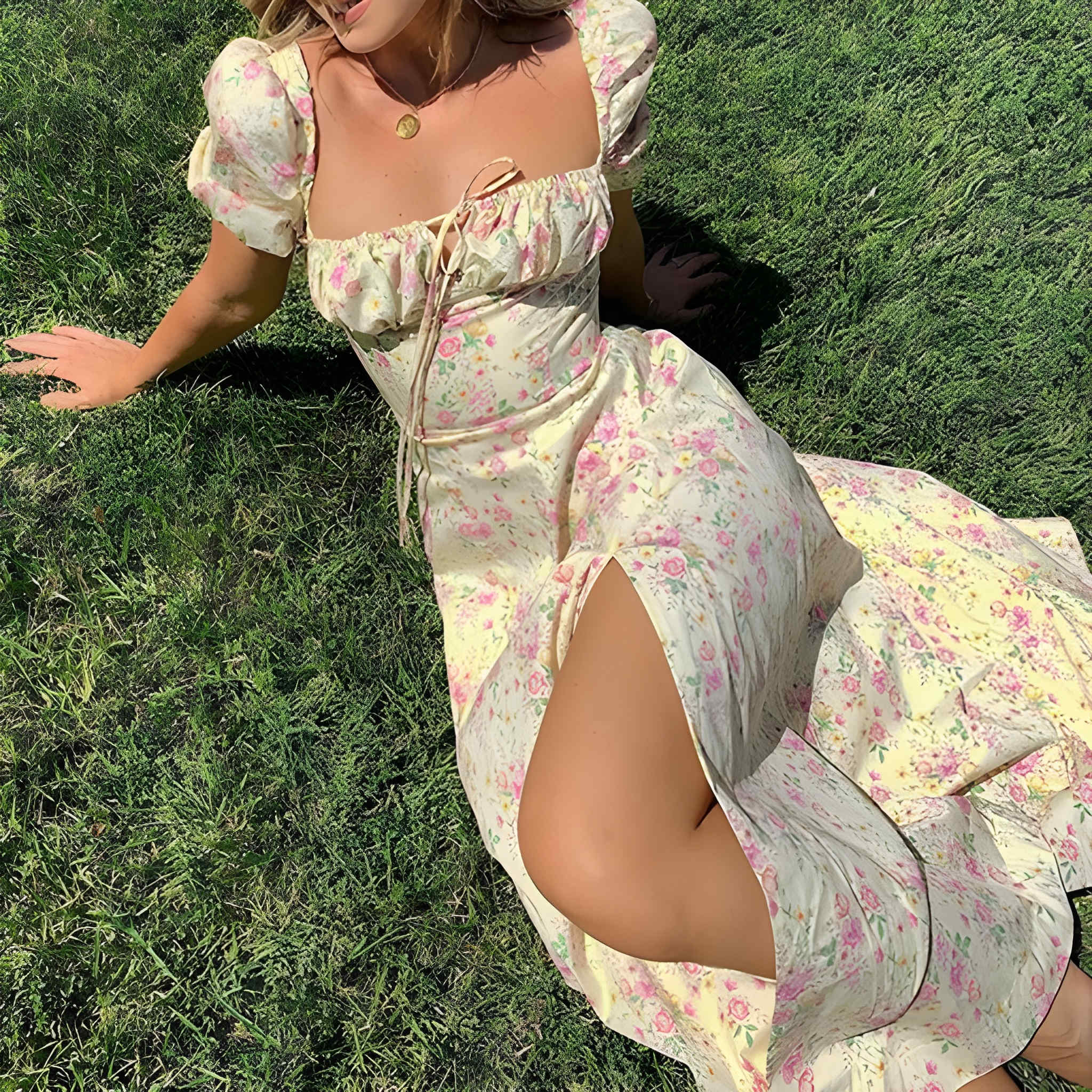 Floral Print Puff Sleeve Split Dress For Women