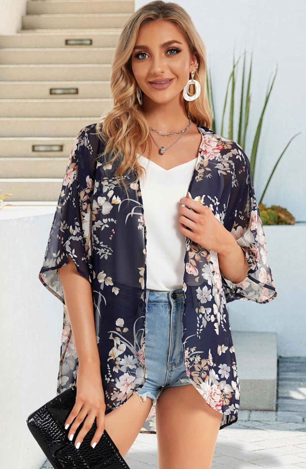 Floral Chiffon Puff Sleeve Kimono Cardigan-My Comfy Blouse