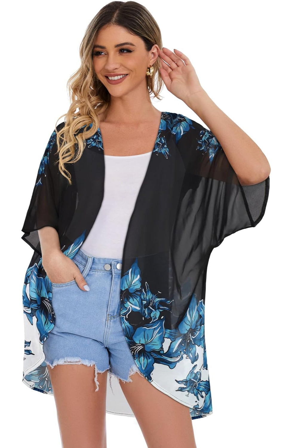 Floral Chiffon Puff Sleeve Kimono Cardigan-My Comfy Blouse