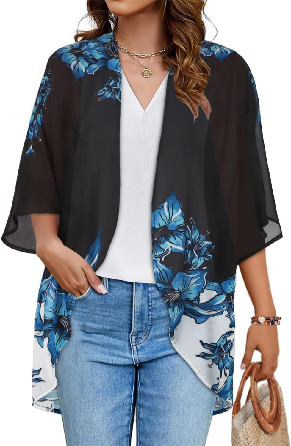 Floral Chiffon Puff Sleeve Kimono Cardigan-My Comfy Blouse