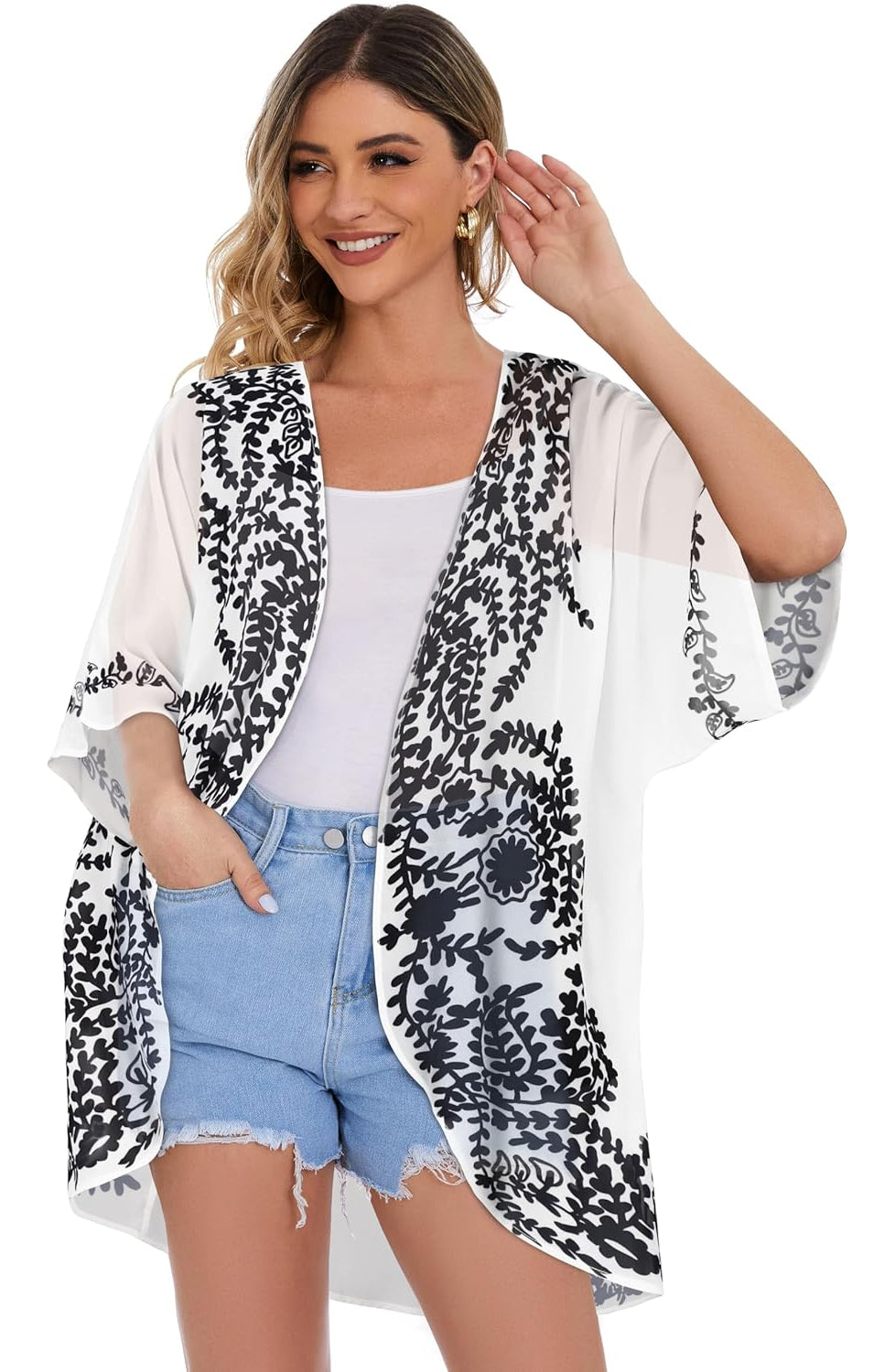 Floral Chiffon Puff Sleeve Kimono Cardigan-My Comfy Blouse