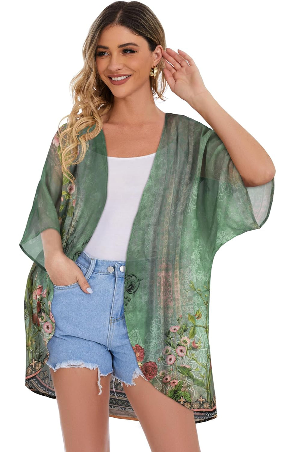 Floral Chiffon Puff Sleeve Kimono Cardigan-My Comfy Blouse