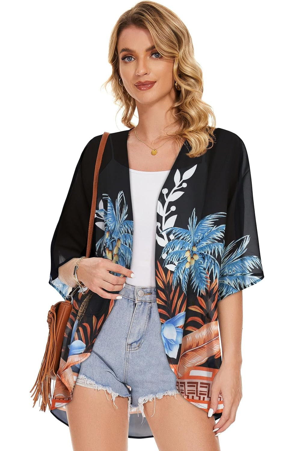 Floral Chiffon Puff Sleeve Kimono Cardigan-My Comfy Blouse