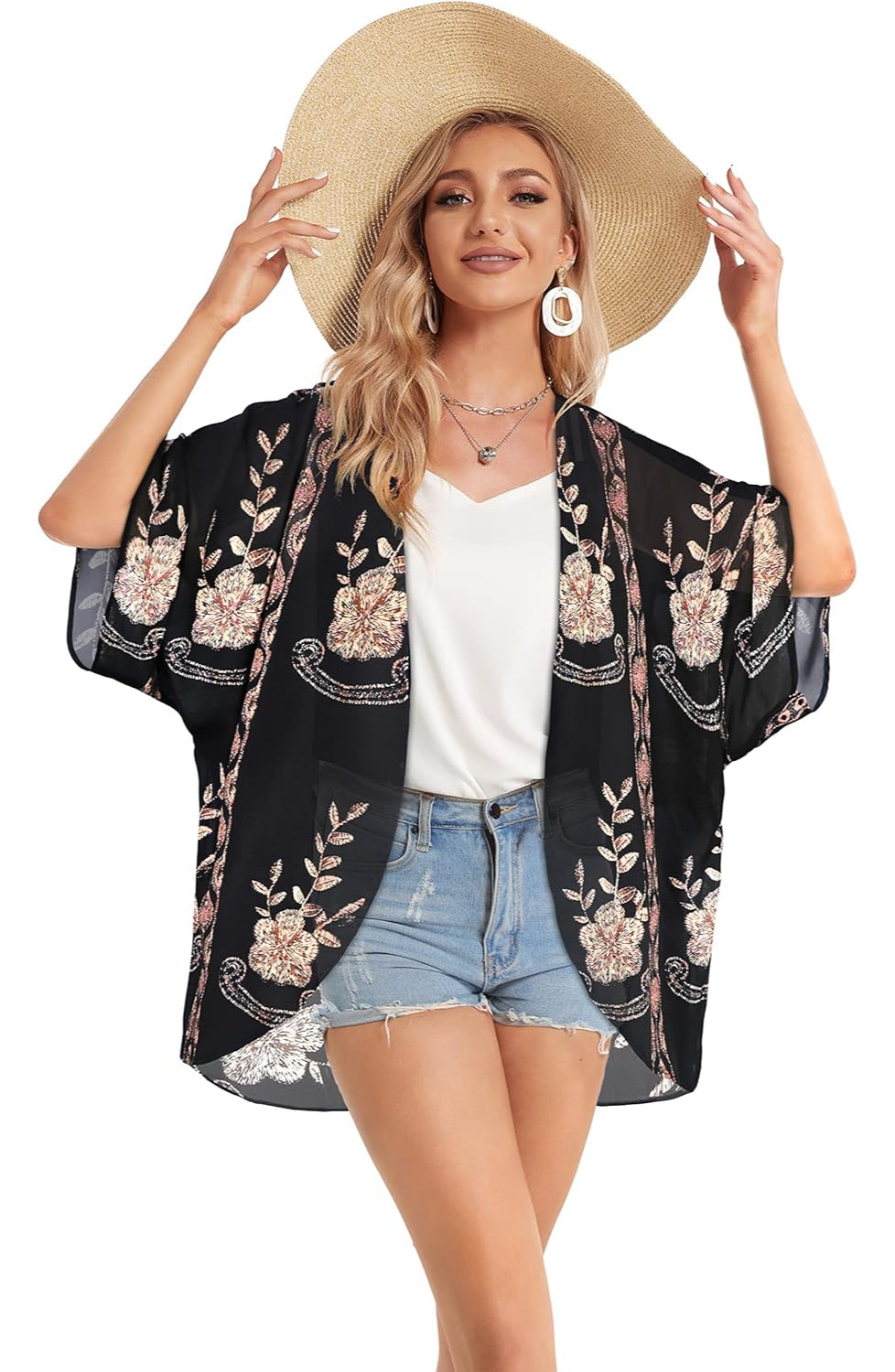 Floral Chiffon Puff Sleeve Kimono Cardigan-My Comfy Blouse