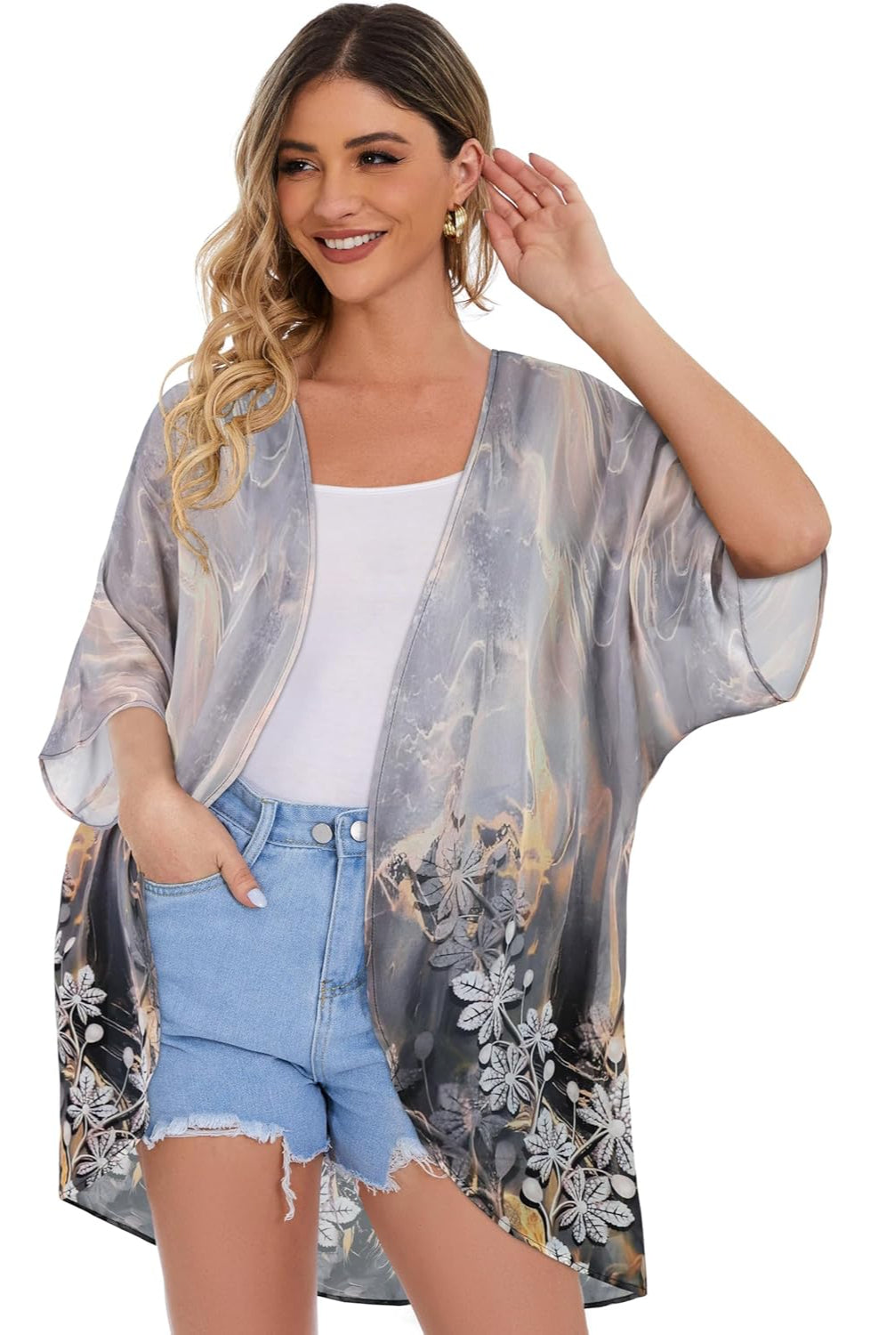 Floral Chiffon Puff Sleeve Kimono Cardigan-My Comfy Blouse