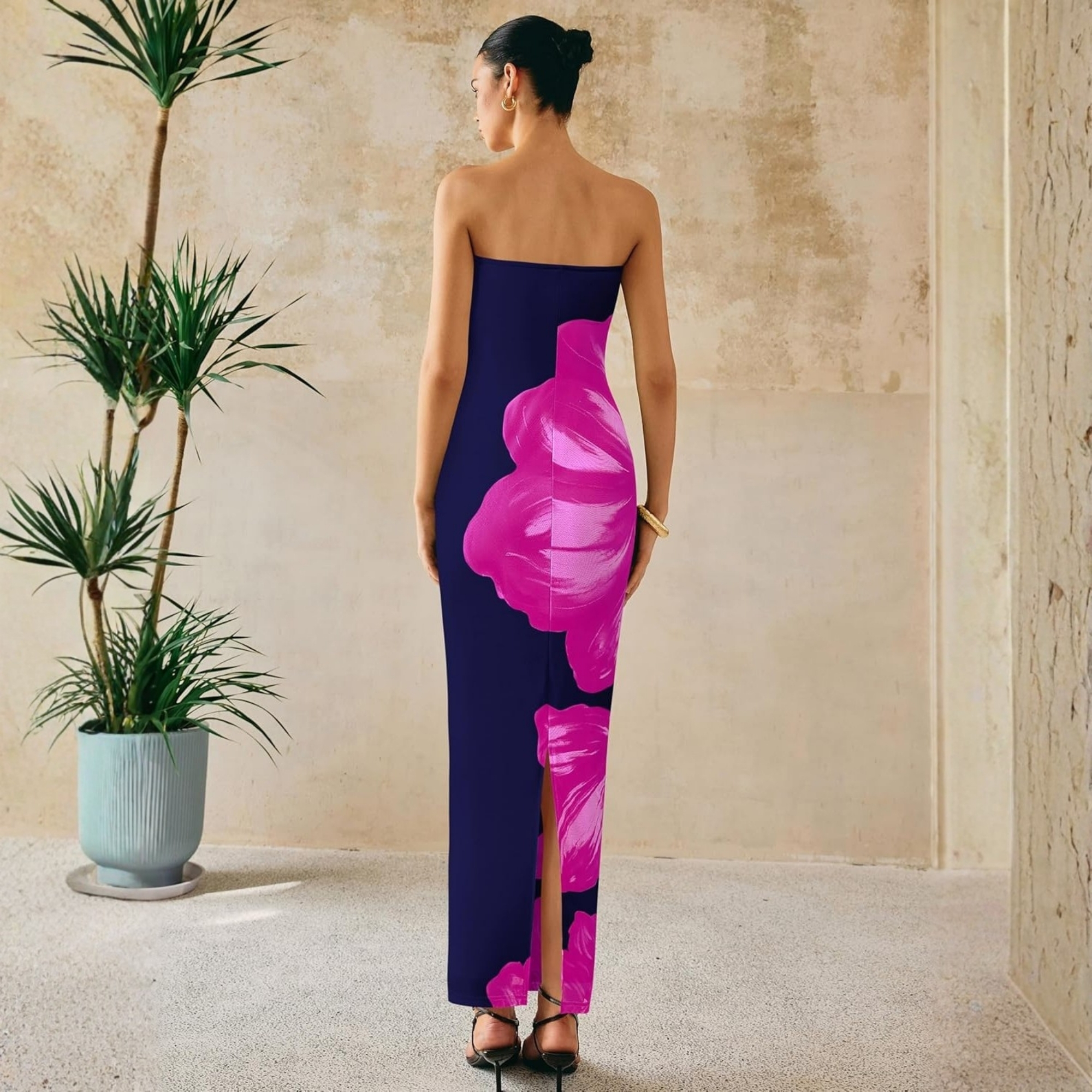 Formal Floral Strapless Mesh Maxi Dress