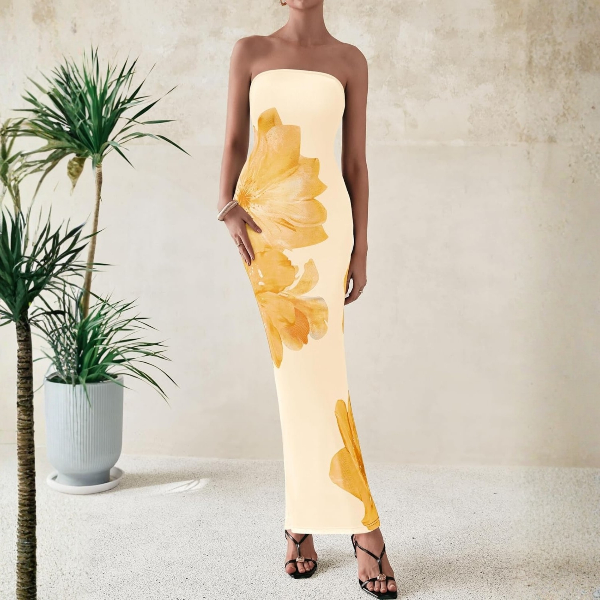 Formal Floral Strapless Mesh Maxi Dress