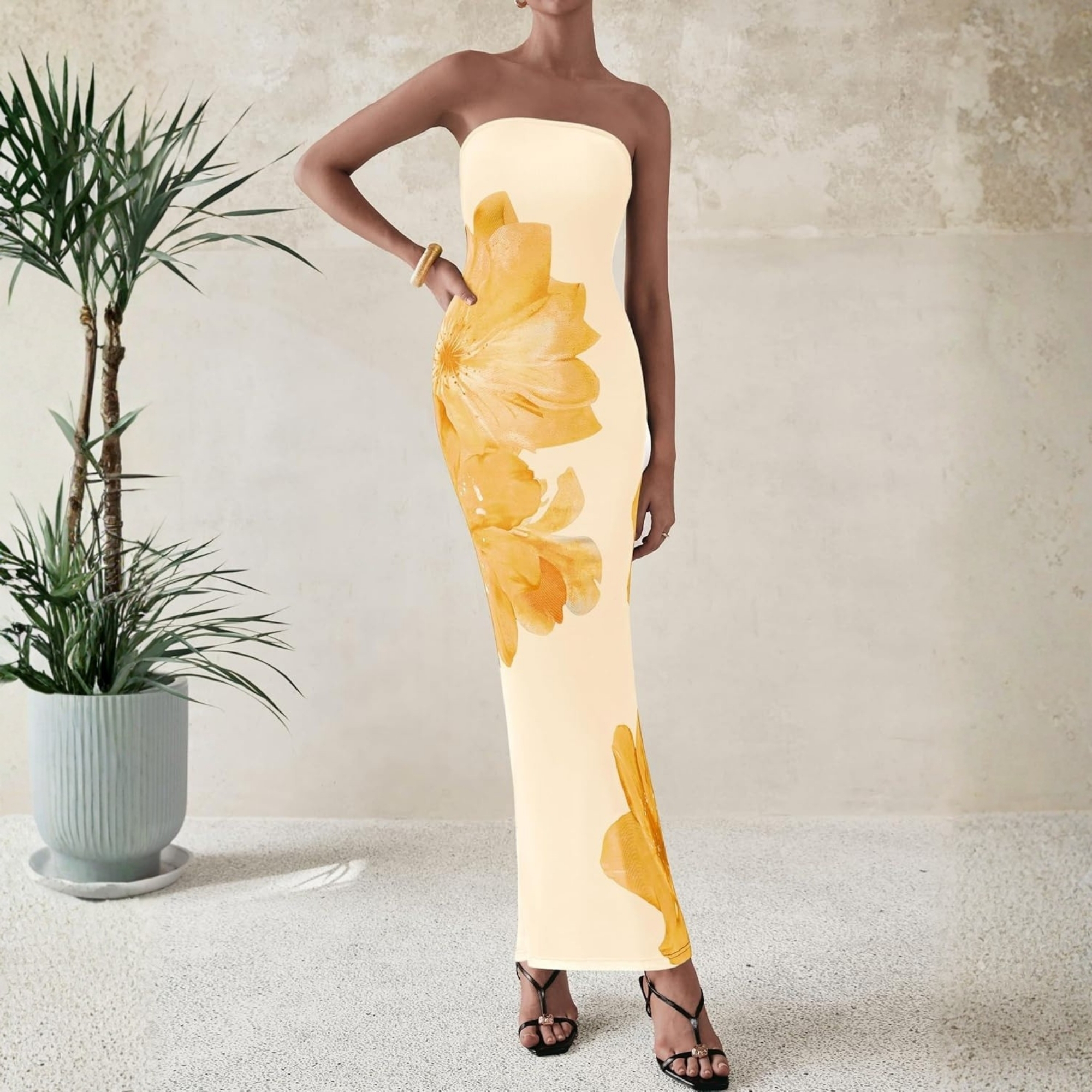 Formal Floral Strapless Mesh Maxi Dress