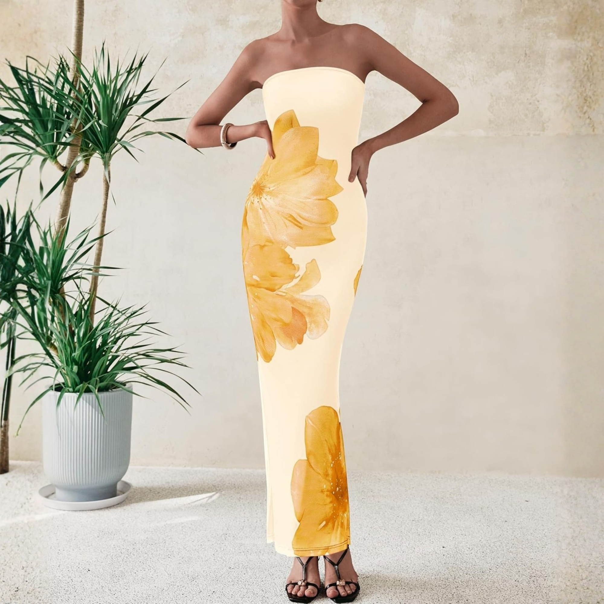 Formal Floral Strapless Mesh Maxi Dress