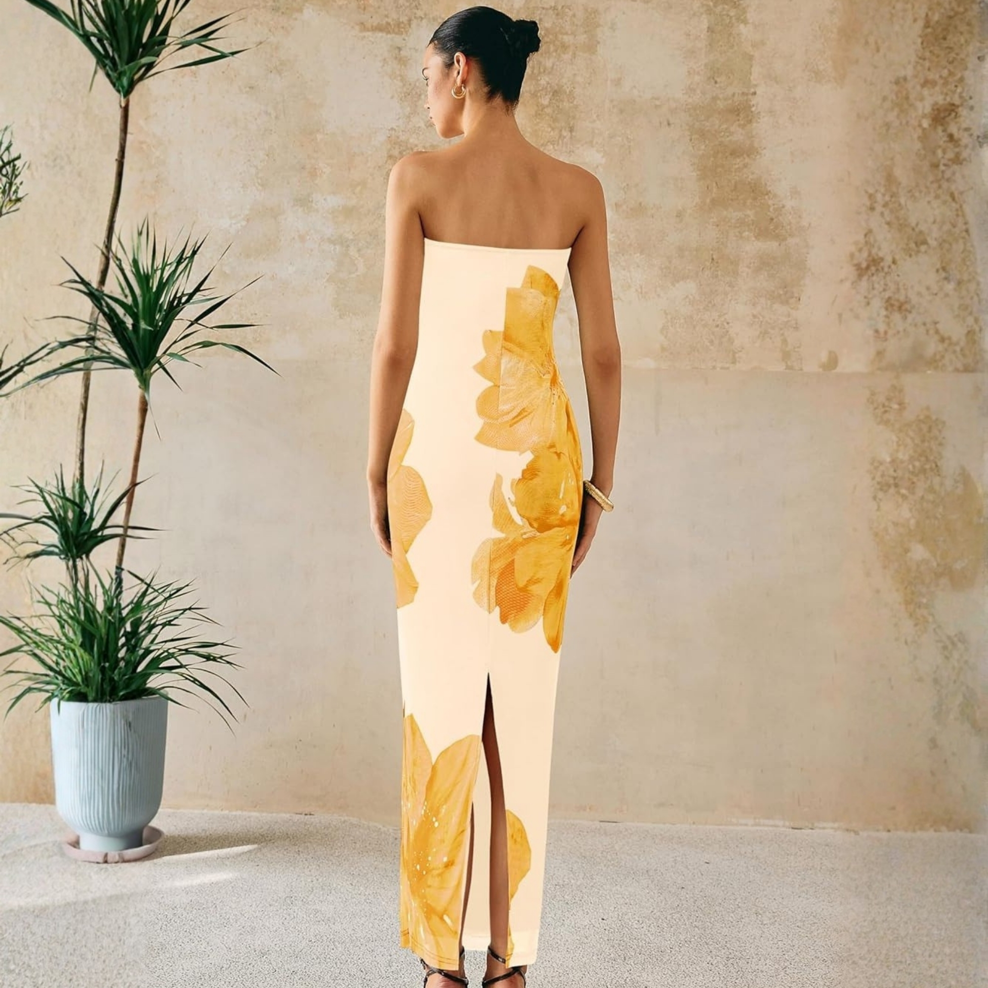 Formal Floral Strapless Mesh Maxi Dress